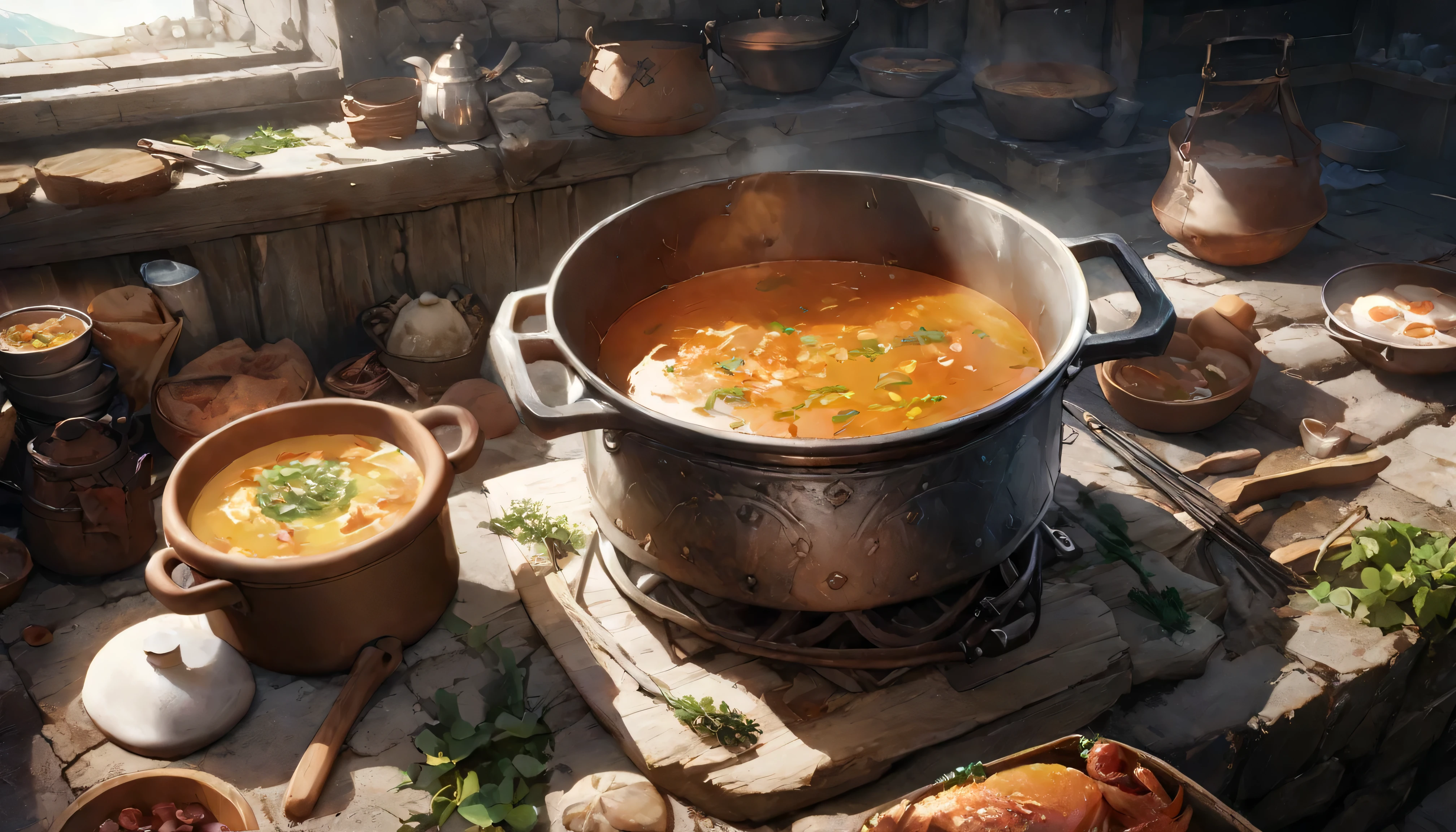 (anime: 1 . 5 , fantasy: 1 . 5), (detailed CG unity 8k wallpaper, best quality, photorealistic, masterpiece:1.2), ((cooking pot, soup pot, clay pot, medieval, rustic, poor, top view)), From Brian Froud and Carne Griffiths and Wadim Kashin and John William Waterhouse, fantasy concept art, 8K post-production, highres, accurate, ultra sharp focus, HDR, intricate