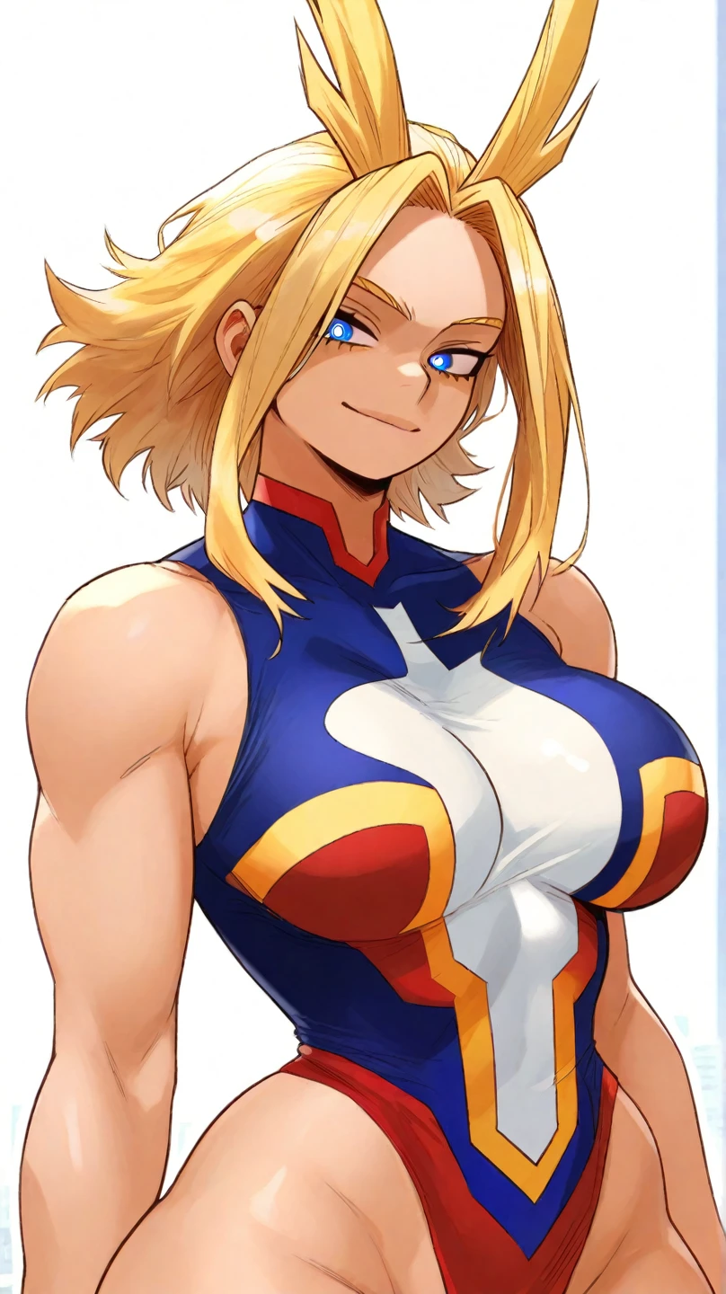 android 18, girl, solo, looking at viewer, smile, short hair, blonde hair, shirt, red eyes, white background,body suit,full body