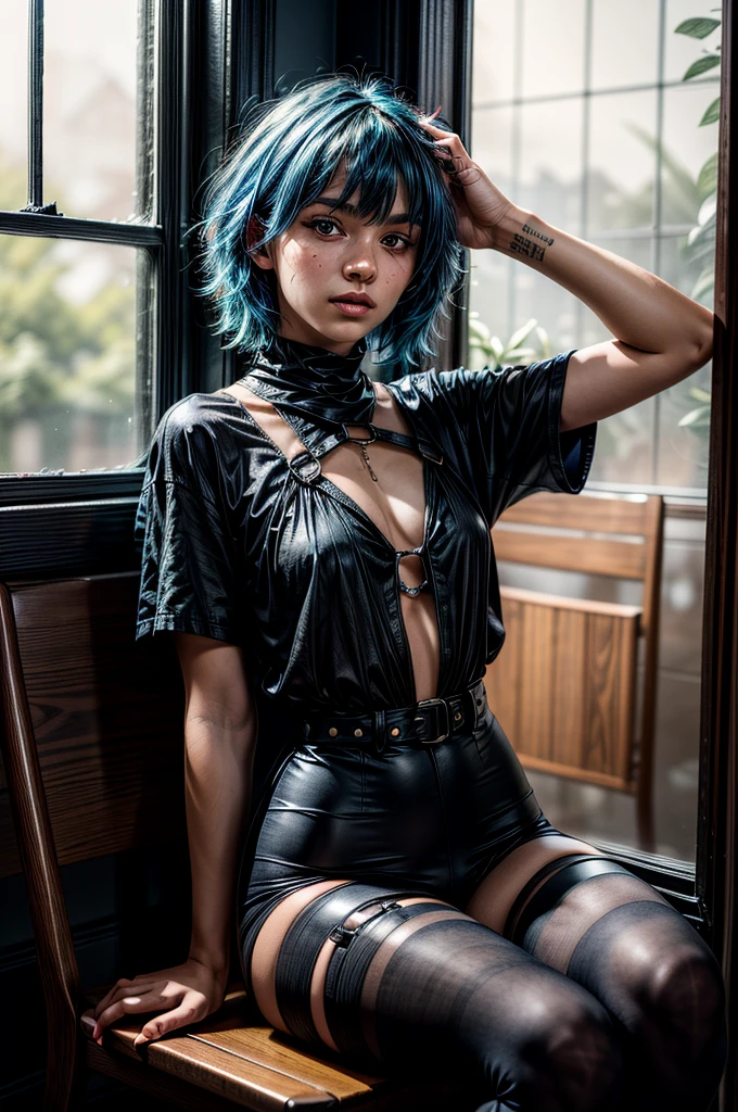 ((Best quality)), ((masterpiece)), (detailed), perfect face, ultra-detailed, 1 sexy girls, Appearance = beautiful, rock style, Young, perfect body, dressed in emo style, thong, looks like emo, emo appearance, perfect body, green hair, blue eyes, show ass, dynamic sexy pose