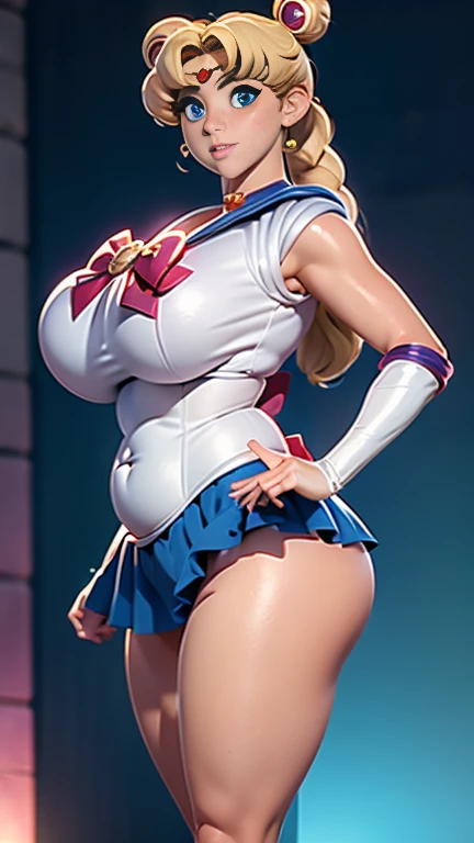 venusbody,1girl,solo,(gigantic breasts:1.2),gigantic hips,wide hips,thick thighs),sailor senshi uniform, Sailor Moon, blonde hair, magical girl, blue eyes, blue skirt, elbow-length gloves, tiara, pleated skirt , blue sailor necklace, miniskirt, choker, blue choker, white gloves, double buns,very long twintails, starry background