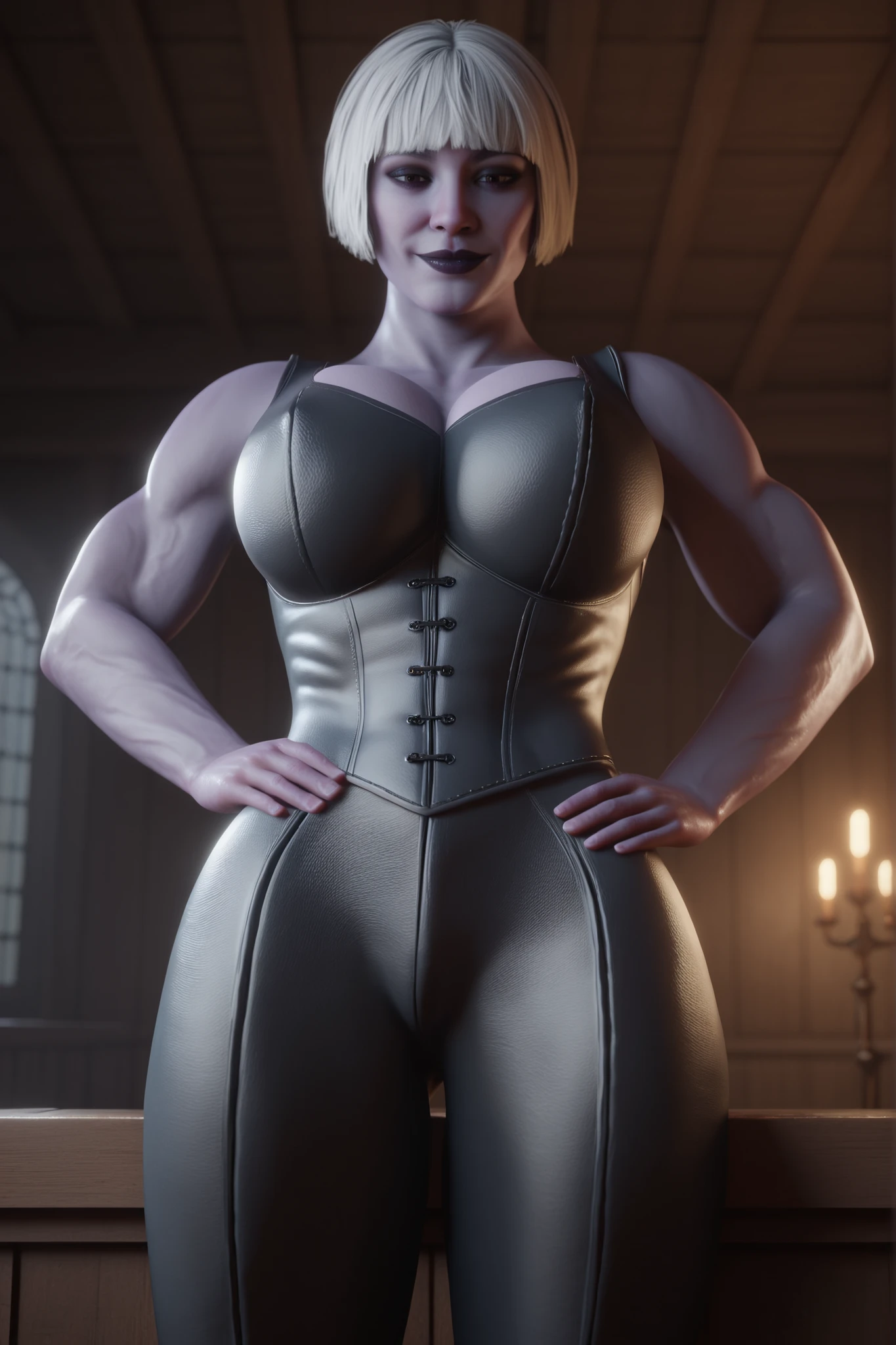 lown able camera, from below, bimbo, ((grey skin)), ((pale skin)), Alcina, black eyes,black hair,short hair, ((wearing a white Real Madrid tshirt)), happy, smilling, (heart hands), (pretty face:1.2), (finely detailed face and beautiful eyes), mature female, muscle, bare hands,(grey skin). ((wearing a white tshirt)), (black panties), (wearing a black thong), underwear, solo, panties, (indoors), high waisted panties, big breast, large and sagging breasts, ((white Real Madrid tshirt)), (long proportional legs), (best quality:1.1),(mansion background:1.2), ((masterpiece)),