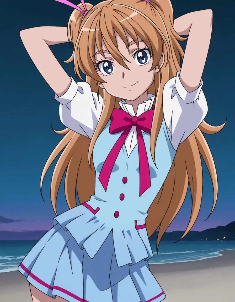 houjou hibiki, aria gakuen school uniform, two side up, half updo, brown hair, orange hair, blonde hair, hair between eyes, long hair, eyelashes, eyebrows visible through hair, blue eyes, hair ribbon, pink ribbon, blue vest, white shirt, puffy short sleeves, blue skirt, miniskirt, pleated skirt, bowtie, anime screencap, high quality, closed mouth, solo, cowboy shot, night sky, beach, hands behind head, ((contrapposto)), looking at viewer, smile, best quality
