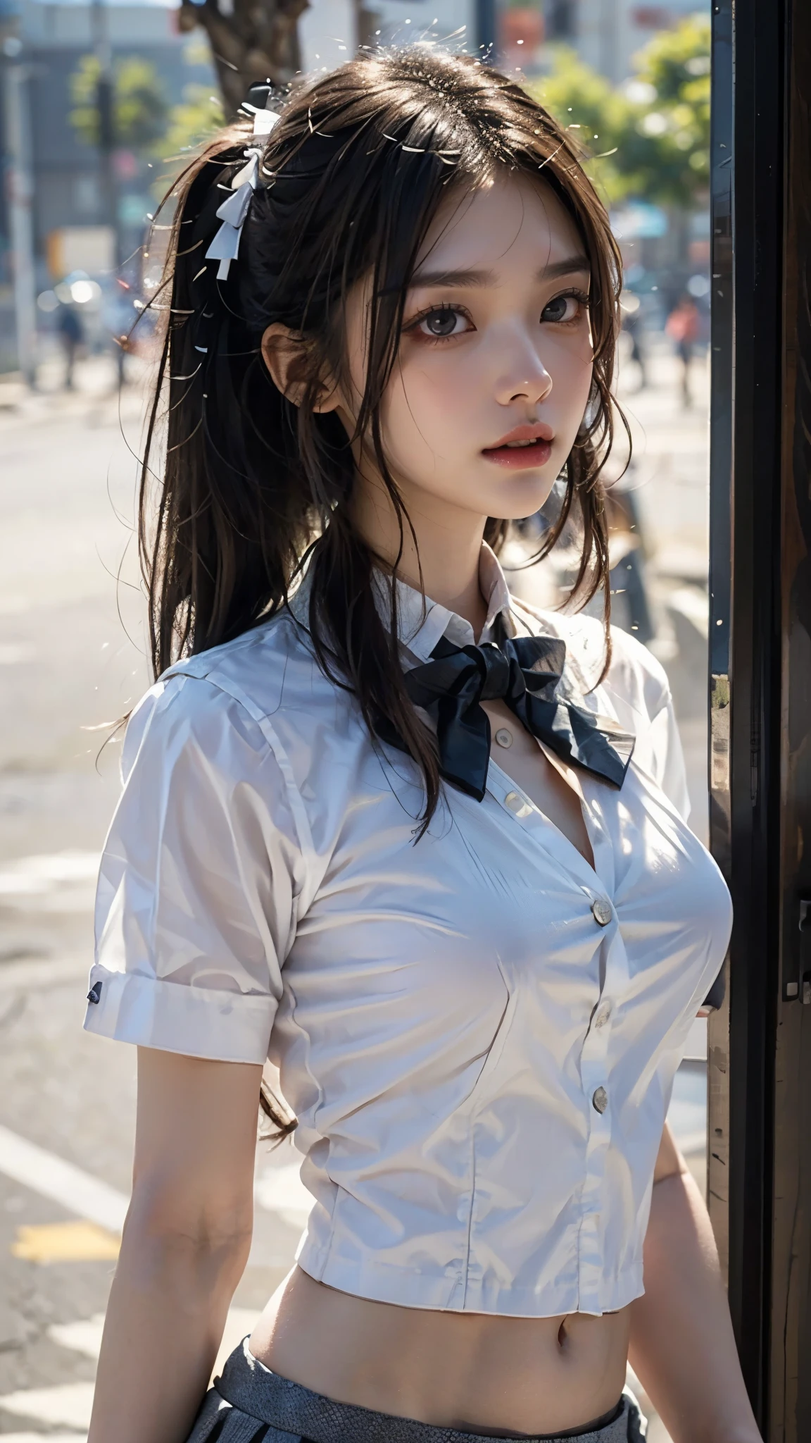 realism, highest resolution,software, (most absurd quality ), (Top Quality Real Skin ), ((Perfect Ratio of Trees)), ((Little Sana Head,Earn Money), anatomically accurate:1.4), ((Firm, Fuller Breasts :1.3)),(most absurd quality perfect eye), ((Closeup Focus on Face,Beautiful Shiny Sharp Face:1.2), very well detailed:1.2), ( bright skin), (( Clear and Unfoggy 、Sharp and Perfectly Rounded Realistic Dark_eye:1.35), very well detailed:1.4), Finely Detailed Papyrus , detailed lips:1.3, ( quality improvement:1.4), 1. lady, supermodel, , perfect anatomy:1.37, Smooth lighting, Japanese woman, Cyberpunk Woman, action, gravure, (White Blouse with Bow Tie,Miniskirt High School Uniform:1.37), (wink,Throw Kiss 1:1), no background:1.1, (Dark eye), Symmetrical eye, thin lashes, Shaping your eyebrows, natural makeup, ( Soft Breasts:1.37), ( Slender Lower Body ), shiny brown hair, Long bangs , ( Up Twin Tail Hair:1.21), Movie Light ,