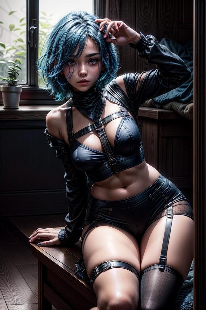 ((night)), (red moon), (modern blue hair)),future brothel cyberpunk theme, she is a skinny and toned 25 year old sexy and perfect and intimidating Japanese/American skinny/tone futuristic evil retribuition alice, pale white skin, sitting on the corner of the bed, eye contact, (full tall body is shown), (((short blue hair with short ponytails and bangs))), she is standing far enough away that you can see her full body, wallpaper, perfect face and eyes, she has a skinny and athletic body wearing pantyhose, only her full body is shown above the viewer looking down at him, perfect face, perfect strong jawline, perfect lips, best resolution, perfect bone structure, femdom, she has a skinny and toned young perfect body and legs, she is a dominate looking sex demon with tight stockings and garter belt, looking down at the viewer, full body, perfectly proportioned body, short hair, young/modern hairstyle hair 2 ponytails and bangs, she is in a bedroom on a bed, ((not nude)) ((best detail)) ((best body and face detail)) (((Perfect face and jawbone))), ((closed mouth)), ((((black underwear)))), (she is sadistic), (((Perfect bone and facial structure))) (camel toe) (tight pussy) ((stockings)), best qualtiy, Full body,((refined face)) ,tone figure ,very Tight black lingerie、camel toe, ,(Accurate and perfect face:1.3),(Long legs:1.3), eerie lighting, masutepiece, super detailing, High quality, high detailing, Best Quality, 16 K,dramatic lighting 、Sweaty all over (((lingerie))). ((semen dripping from pussy under her underwear)), (((Skinny))) ((sexy and intimidating pose from above)), pin-up, femdom. domination, perfect feet. fit body, power, and control. ((skinny and toned body)), toned butt, abs, perfect, no deformed body part (masterpiece).(((not fully nude))) (((sexy underwear))) (((stockings))) (perfect face) (bra), impending death. (masterpiece) (perfect proportion)(realistic photo)(best quality) (detailed) (8k) (HDR) (((dark/nighttime))) (cinematic lighting) ,scary,