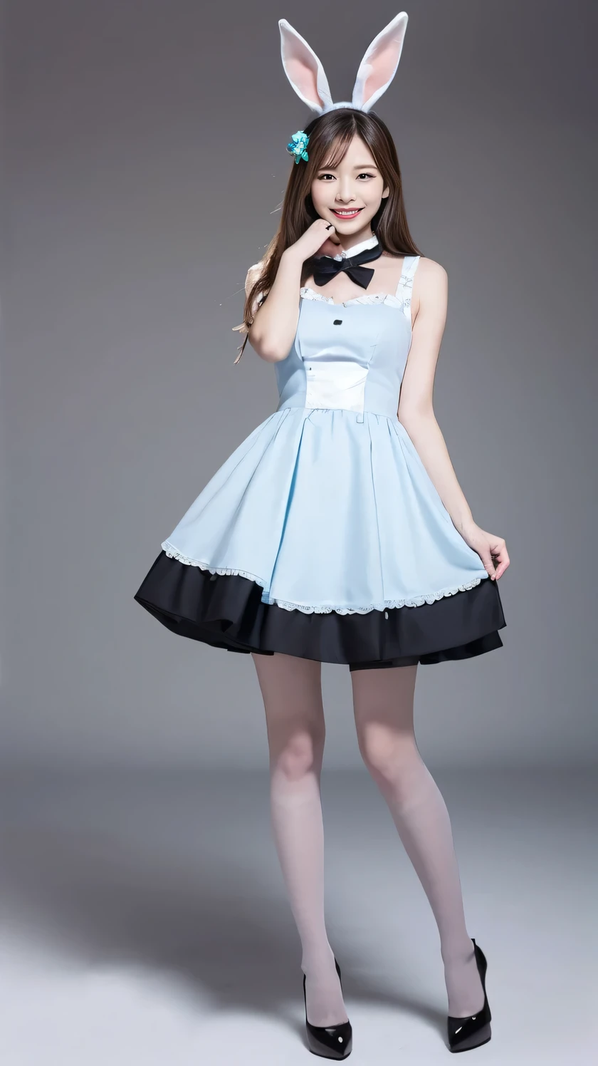 (masterpiece, best quality), 1girl, blue and white frill dress, (white stockings), cute face, standing, indoor, intricate detail, sunlight,