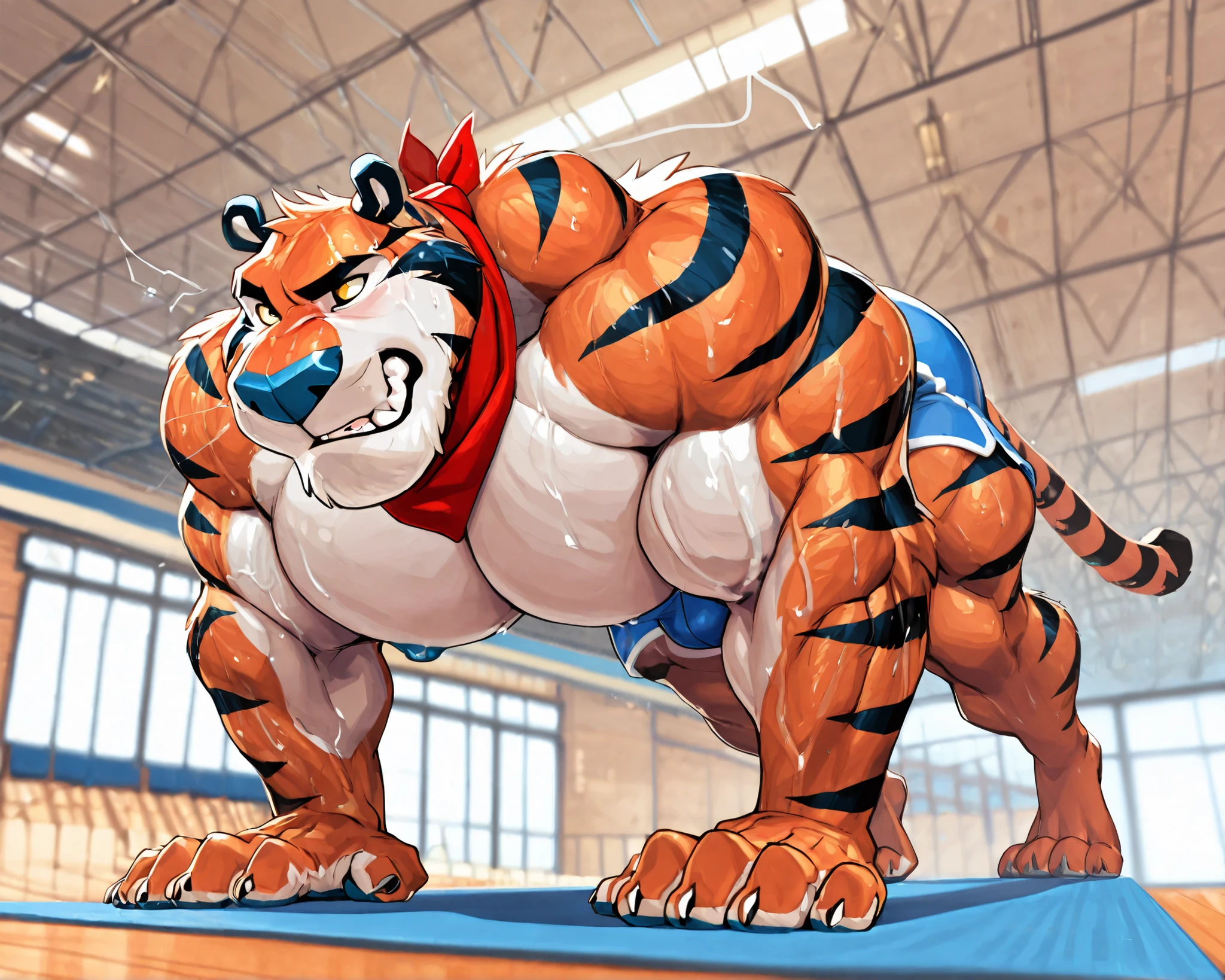 Tony Tiger, (((tiger))), feline, Best Quality, high quality, furry, (muscle, muscular, hypertrophy), male, paws, claws, plantigrade, Fine Eyes, 4 toes in both feet, 5 fingers on both hands, blue nipples, anatomically correct, grunting, red scarf, long tail, abdominal muscles, bulge, a little sweat, ((muscle neck)), ((wide shoulders)), ((muscle arms)), ((big pecs)), ((wide hips, muscular thighs, bottomheavy)), correct anatomy, ((gym indoors, push ups, shirtless, blue gym shorts)), bottom view, full body, shallow depth of field, subject in sharp focus, subject in sharp focus, null-ghost, Takemoto Arashi.