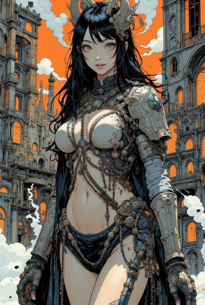 1 female demon licking her hands, seductive, horns
(cyborg with tubes connected her back to the wall
demonic mechanical arms)
long black hair
skulls
( dynamic angle , perspective)
(color ink painting by Lois van Baarle Jason A. Engle Gerald Brom Yoshitaka Amano Moebius, Victo Ngai Katsuya Terada,)
