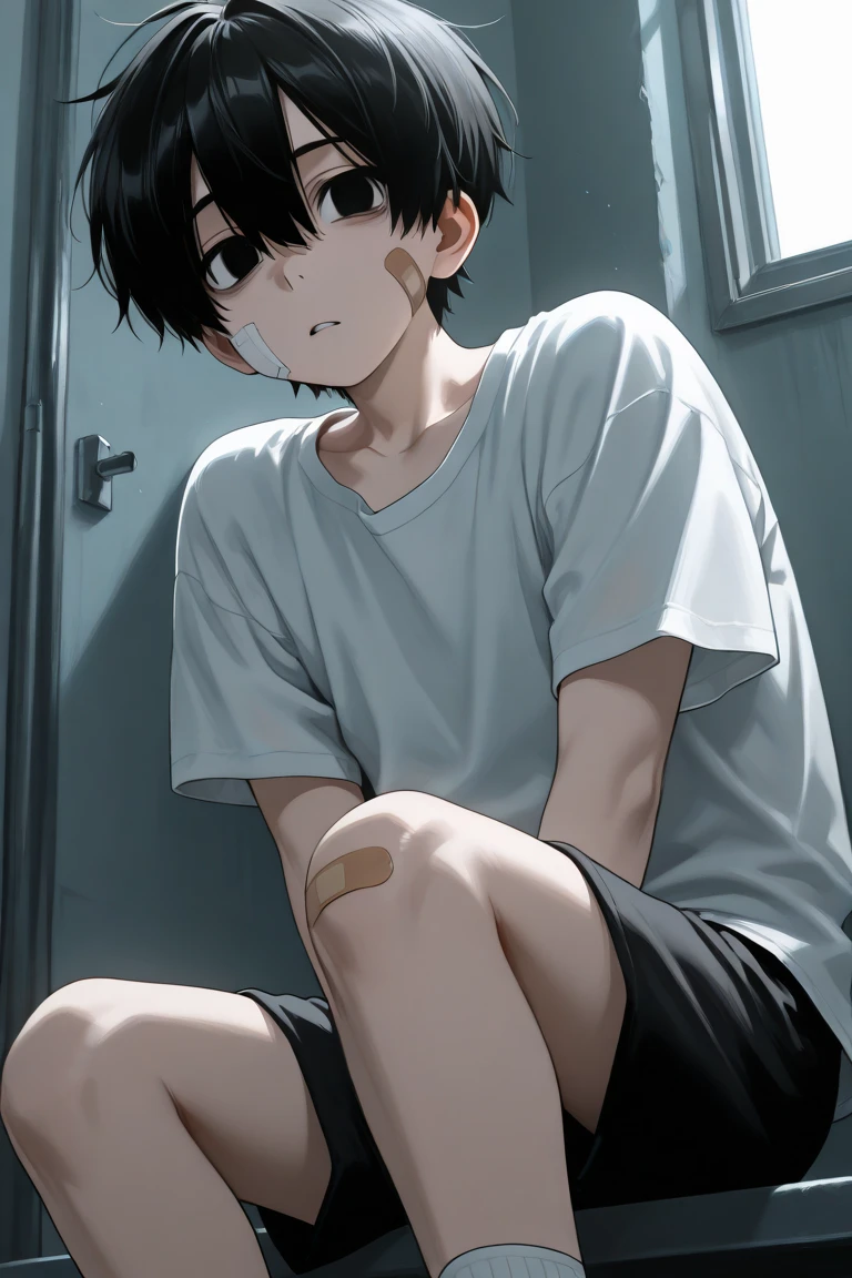 ((A boy))，adorable captivating，in a white shirt，He looked sad，Barefoot，sat on the ground。The blush gradually rises，Shy, But handsome。The picture style is fresh and simple，Rendered like a comic，The lens is shown as a vista，（Anime style+Soft cute），Anatomically correct，Accurate