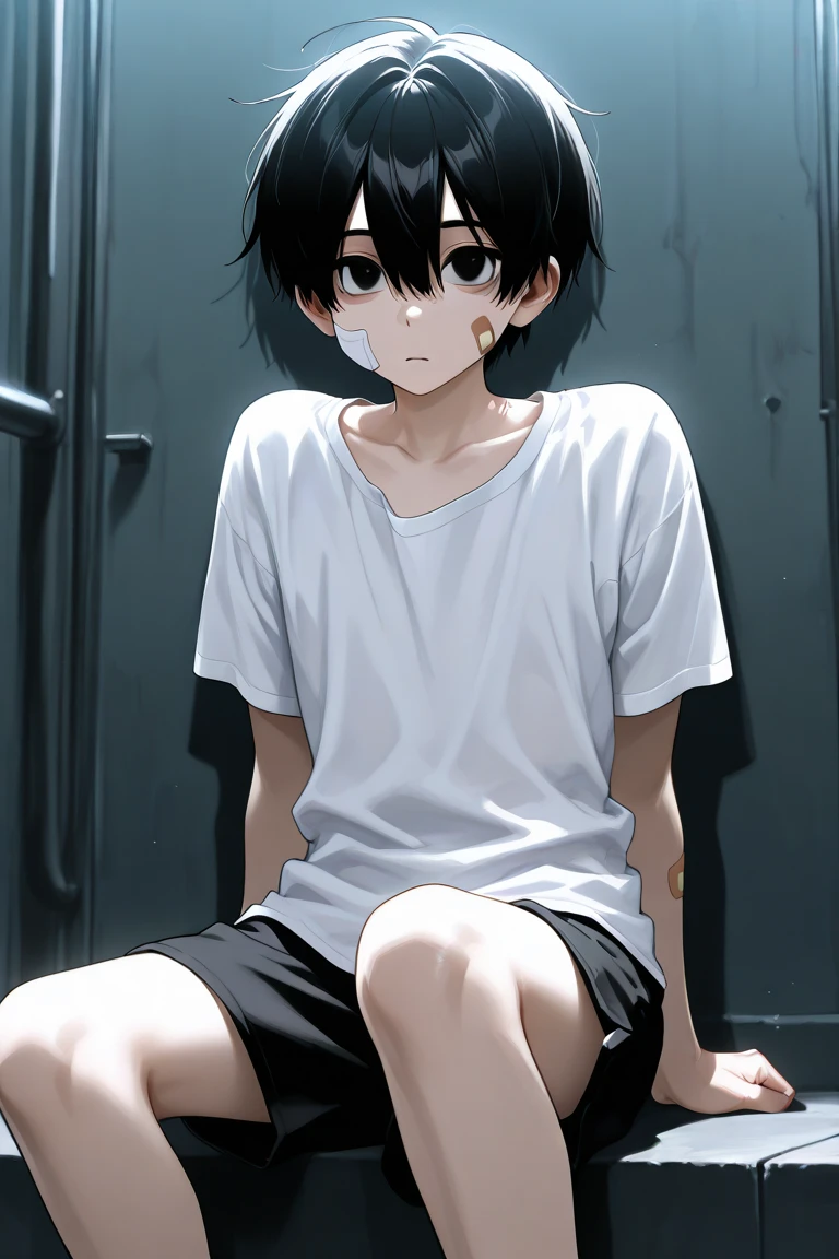 Japanese teenage boy wearing an oversized grey sweater. The sleevers hide his hands. He is wearing a cargo short and black converse. The boy have short black messy hair. He have bruises under his eye and a bandage on his nose. He have pale orange eyes. He's sitting on a chair in a room.