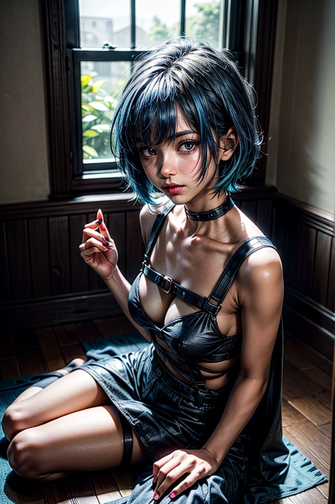 blue hairs，Loli Girl，wide open thighs，Grasp the toes with your hands，Bigchest，White suspenders，Black silk scarf，Grasp the toes with your hands，lying on the table，The expression is shy，Cat-eared lady --auto