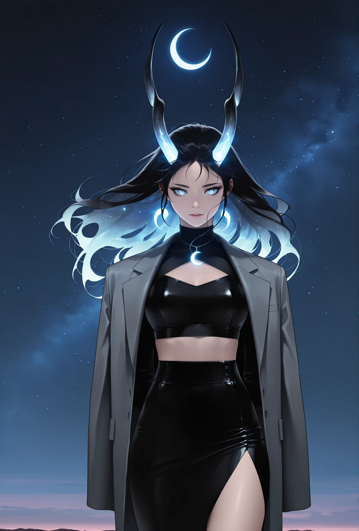 masterpiece, best quality, amazing quality, newest, very aesthetic, 1girl,Image is a digital illustration featuring a stylized, anthropomorphic character with goat-like features. The character has long, flowing black hair and light brown skin, with prominent, glowing turquoise horns and eyes that match the color of a large crescent moon in the background. The character is wearing a black crop top and a high-waisted skirt, complemented by an oversized gray jacket draped over the shoulders. A glowing turquoise pendant hangs around the neck, echoing the color scheme. The background is a dark, starry sky, enhancing the ethereal and mystical atmosphere of the scene. The overall color palette is dominated by shades of black, gray, and vibrant turquoise, creating a striking contrast and a sense of otherworldly charm.
