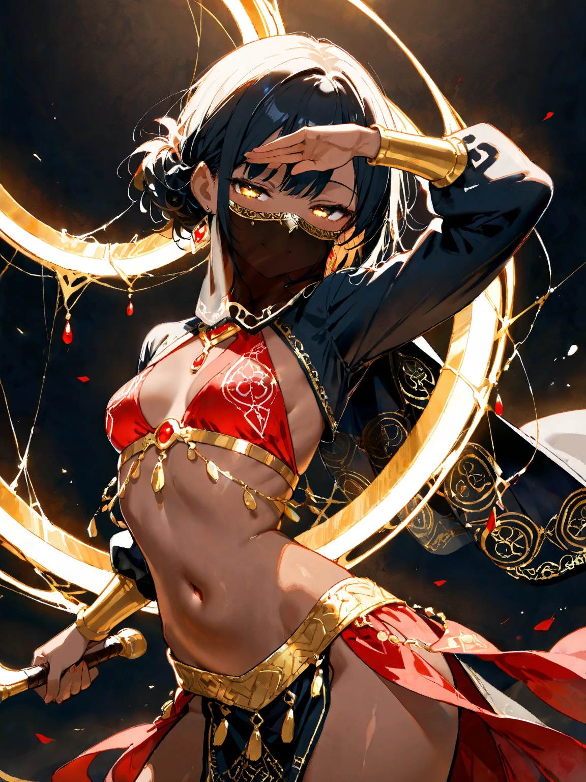 (striped veil covering the whole head), all white, slim body semi-covered by Egyptian technological clothing based on the sphinx, Neon Genesis Evangelion style, cyberpunk, lots of gold and ruby jewelry, action pose, ((Best quality)), ((masterpiece)), (detailed: 1.4), (Absurd), (((super defined eyes)))), Powerful Egyptian woman ready for war, perfect body, dark tanned bright skin, cleoopatra,  (((perfect ass))), shoulder pad of the Anubis, ((head adornment that falls in two straps over the shoulders and has the part hanging over the nape of the neck tied in braid, called nemes with that of the sphinx)), defined body, bare thighs, closed mouth, only in panties, include hieroglyphics in clothing, generous neckline, ((perfect medium breasts)), (brown eyes without pupils), ((long black eyelashes)),  ((heavy eye makeup)), ((Black stroke coming out of the corner of the eyes)), ((clothing in red and black and white colors)), ((Egyptian designs on the arms)), Egypt, Tutankhamun mask, Pharaoh, Bastet, Anubis, short underwear, garter belt, by mucha, niji --V5, close to real, psychopath, crazy face, sexy pose, inside a pyramid, 2 pieces clothing, centered, scale to fit the dimensions,  HDR (High Dynamic Range),Ray Tracing,NVIDIA RTX,Super-Resolution,Unreal 5,Subsurface Dispersion, PBR Texture, Post-processing, Anisotropic filtering, Depth of field, Maximum clarity and sharpness, Multilayer textures, Albedo and specular maps, Surface shading, Accurate simulation of light-material interaction, Perfect proportions, Octane Render, Two-tone lighting, Wide aperture, Low ISO, White balance, Rule of thirds,  8K RAW, crysisnanosuit