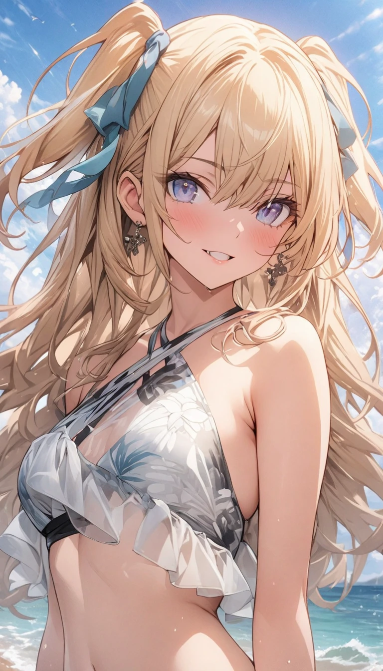 (masterpiece), (best quality), perfect face, beautiful girl, white background background, delicate and beautiful face and eyes, dark intense shadow, 
1 girl, vtuber style, cool girl, hololive, AZKi, bikini, wet body, big chest, cropped shoulders, clavicle, winking, smile, bare feet, chest visible through clothes, ass visible through thighs, (full body), looking at viewer, standing, 
