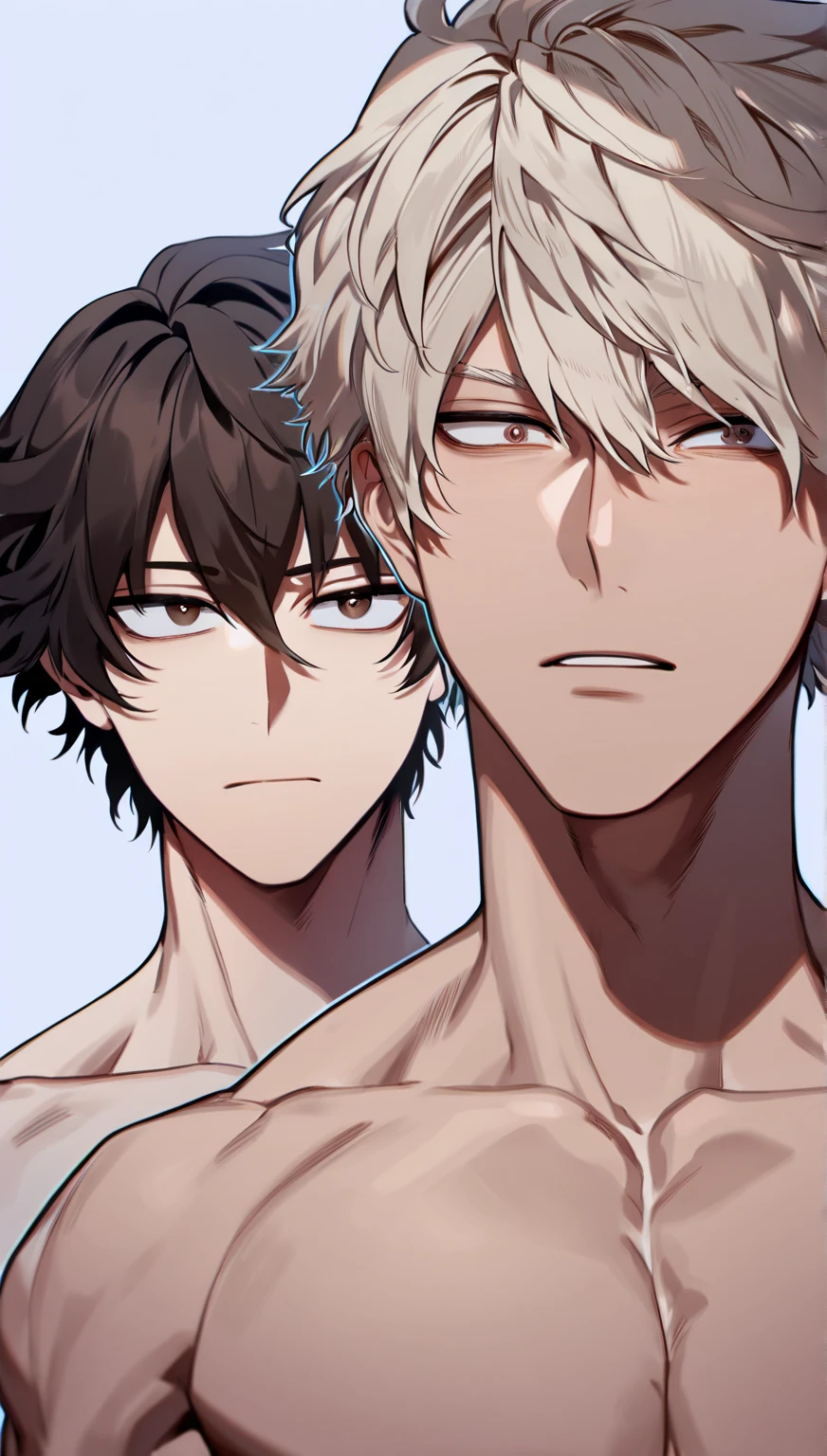 1 girl pixie cut white hair white eyeladhes purple eyes Japanese huge breast naked sexy fit body white skin short against 1 boy tall long black hair red eyes muscular 