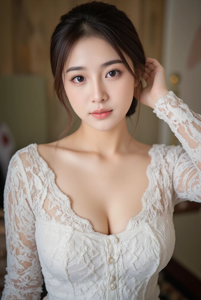 (top-quality,8K,masterpiece),
Beautuful Women,tthin eyebrows,lipgloss,blusher,
Wearing a pantsuit , curly buns,
Colossal tits,Beautiful round breasts,beautiful upturned chest,big breasts thin waist,
Brown skin,sun burn,
Bust Up Front,
sexypose,Lustful,Armpit,
Room lighting,spot light,