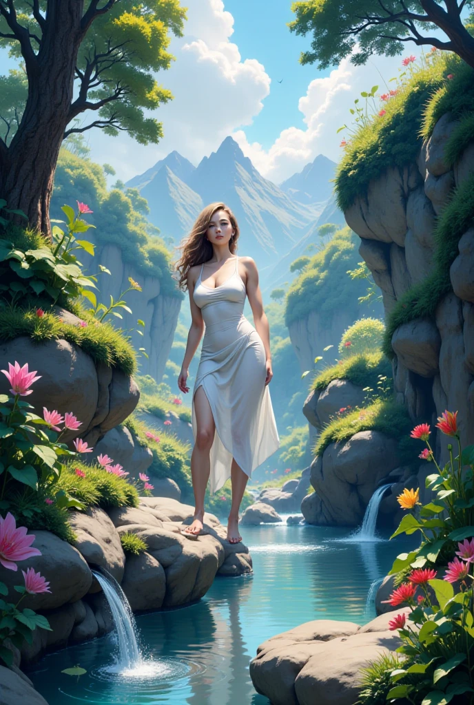 Renzi, Woman,
(upper body:1.5), over shoulder, detailed eyes, detailed face, detailed upper body,
"Whispers of the Wild": Amidst a grandeur of towering cliffs and sprawling valleys, our subject finds herself in a breathtaking fantasy world. Lush, exotic flora surrounds her, their vibrant petals and intricate blooms creating a riot of colors. In her flowing, high-contrast gown adorned with intricate leaf-like patterns, she blends seamlessly with the magical landscape. The interplay of light and shadow accentuates the depth and mystique of the scene, transporting viewers to a realm of wonder and awe.