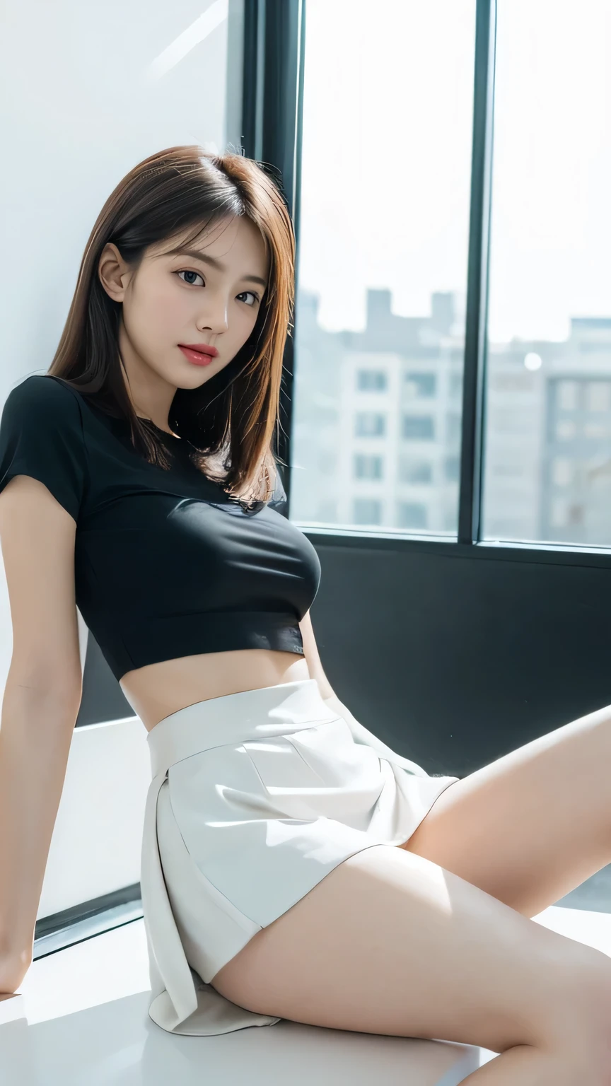 A beautiful woman sitting on the sofa,Wearing a lace short skirt, long legs, a flesh-colored top, real high-quality photos of the sun shining on her hair.