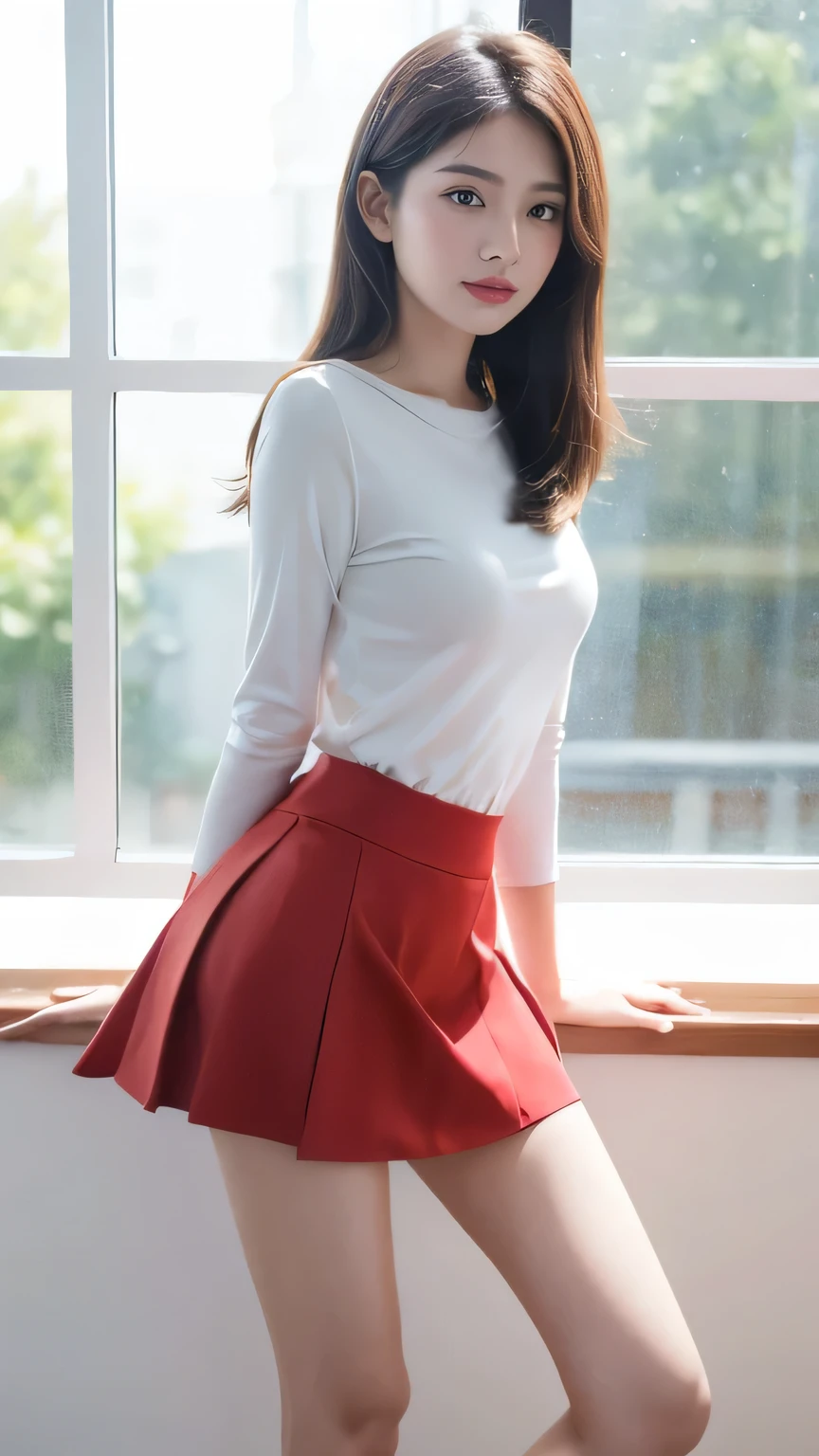 LSKyung, red pleated skirt and white top, wearing black tights, in a street smiling, detailed face, (8k, RAW photo, best quality, masterpiece:1.2), (realistic, photo-realistic:1.37), professional lighting, photon mapping, radiosity, physically-based rendering <lora:LSKyung-000001:1>
