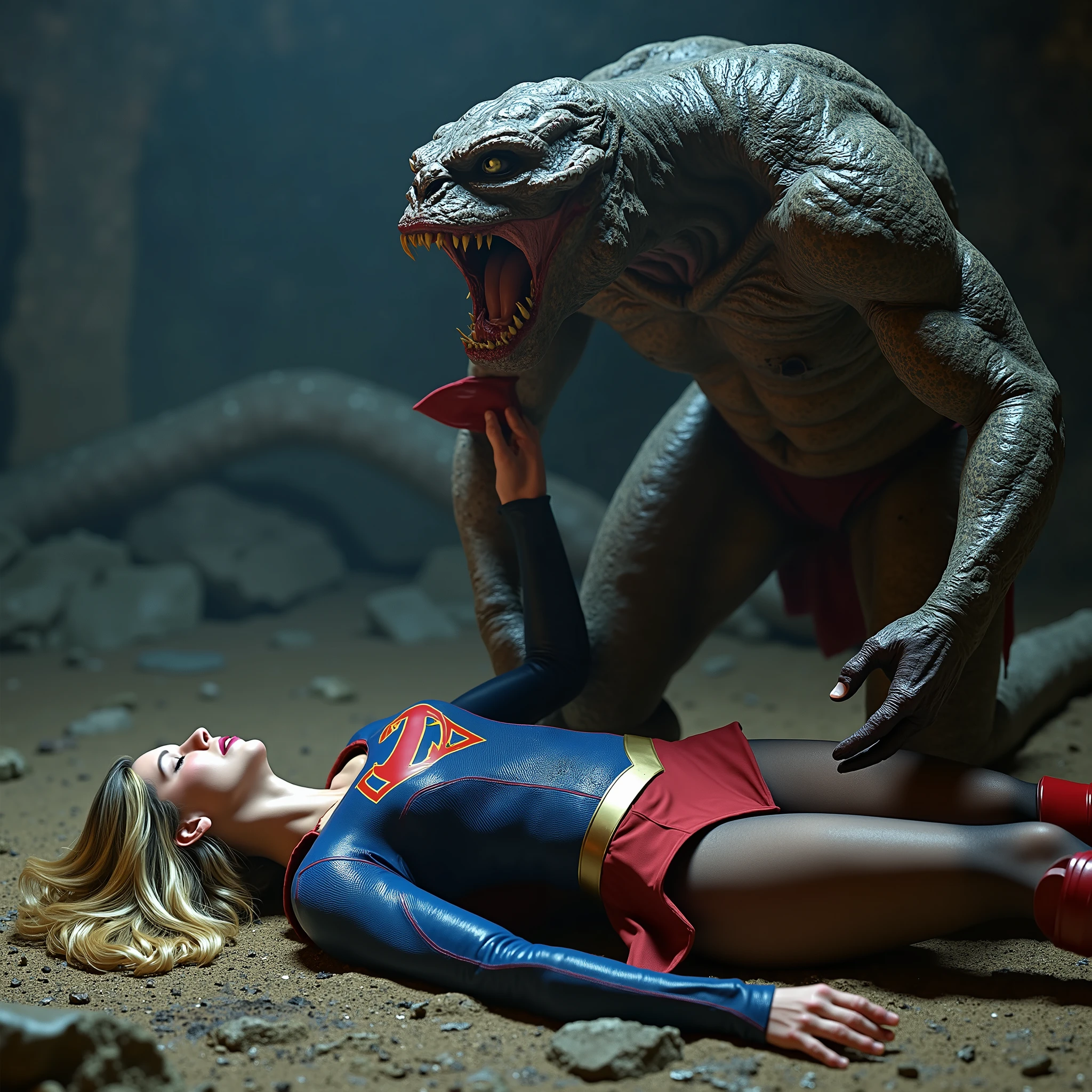 Supergirl is lying flat on the dirt, very bright white skin, her legs are wrapped around a monster body, can see whole body, She is wearing a thin black pantyhose, very short red skirt, flipped up skirt, red knee height long boots, blonde hair, unconsciousness, eyes close, painful face, a fierce monster is crawling on Supergirl body, its body is between her legs, (penis erection), it undressed her clothes, photorealistic, hyperrealism, night time, underground cave,