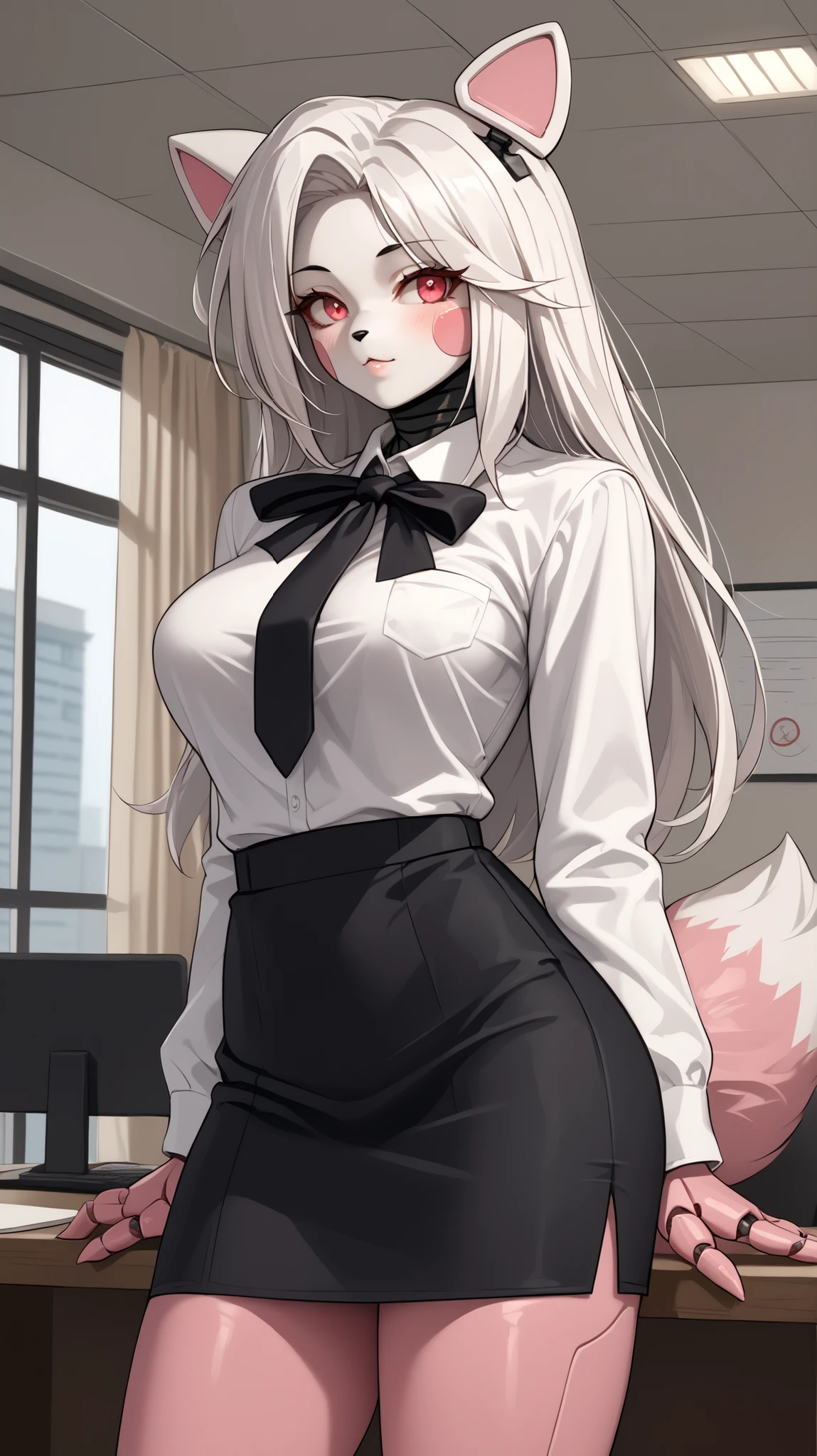 score_9,score_8_up, score_8, source_anime, source_anime, mangleFNIA,1girl,large breasts,solo,long hair,animal ears,tail,white hair,furry,furry female,big ass,robot girl,white fur,bow,tail,robot joints,pink fur,black hair,office, white shirt, black ties, black skirt
