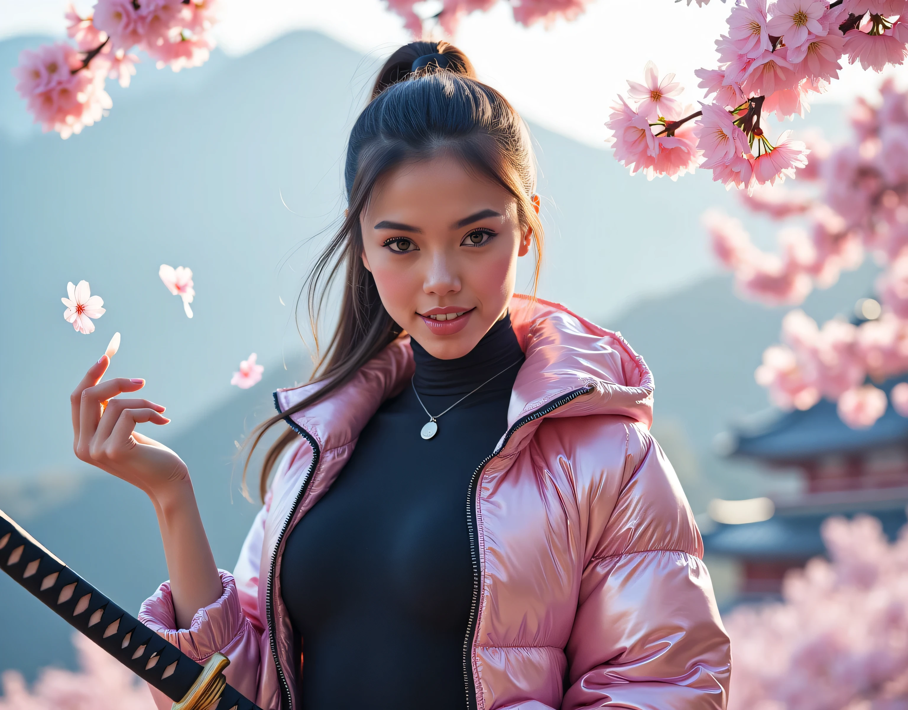 8k hyper-realistic full-body portrait, head-to-toe view: a slim female ninja, 'Freezing the Moment of Your Cherry Blossom Dream.' Full-bloom ((cherry blossoms cascade like snow)), stirred by a freshly cut branch at her feet. Sleek ponytail, soft ((freckles)), mesmerizing eyes, provocative smile to viewer. Combat-effective ninja attire & modern design: matte-black tactical bodysuit, subtle armor, metallic-pink puffer jacket (partially unzipped), sexy latex leggings, suggestive pose. ((Right hand grips visible katana)), readiness emphasized. ((Katana blade reflects light, sharp edge)). Left hand catches petal, dynamic contrast. Symmetry & balance, martial prowess. Cherry blossom tree arches overhead, depth. Photorealistic clarity: eyes, skin, clothing, katana details. Cinematic lighting, shadows & highlights, first rays of morning sun. Background view: blur of a Japanese Temple hooked on a foggy valley between mountains in spring morning light. Holographic cherry blossoms bloom beneath skyscrapers, expressing the romance of future cities.