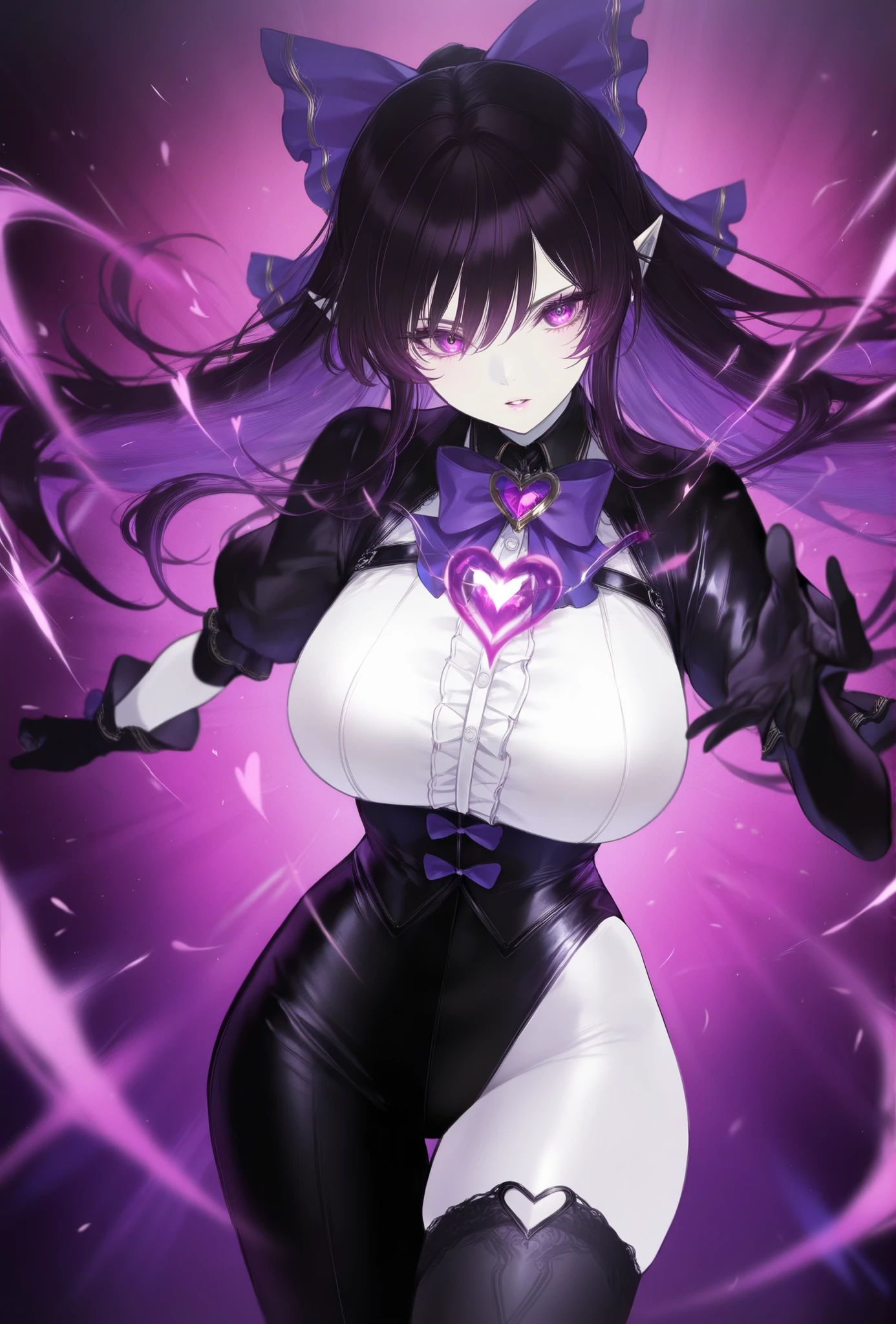 masterpiece, best quality, amazing quality, newest, very aesthetic, 1girl,Image is a digital illustration featuring a stylized, animated character with a fantasy theme. The character has large, expressive eyes and pointed ears, with a pale skin tone. Her long, flowing black hair is accented with vibrant purple highlights and a large purple bow. She is wearing a form-fitting black and white outfit with gloves and stockings, which contrasts against the vivid pink and blue swirling background. The character is posed dynamically, appearing to be in motion, with her body slightly turned and one hand forming a heart shape. The overall composition is vibrant and energetic, with a focus on bold colors and dynamic lines.