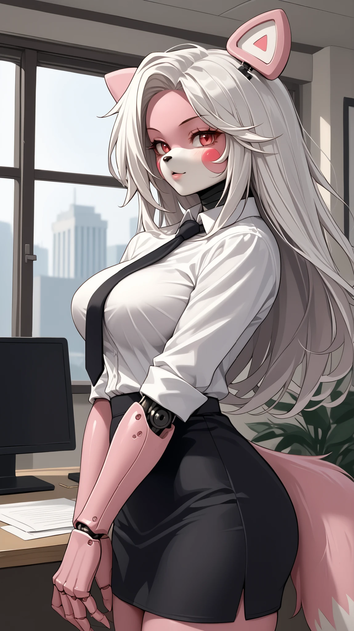 score_9,score_8_up, score_8, source_anime, source_anime, mangleFNIA,1girl,large breasts,solo,long hair,animal ears,tail,white hair,furry,furry female,big ass,robot girl,white fur,bow,tail,robot joints,pink fur,black hair,office, white shirt, black ties, black skirt
