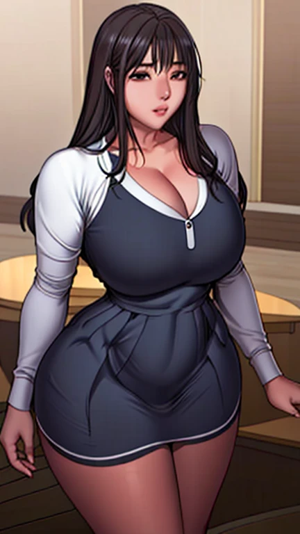 Woman with brown hair, big titties, big ass, red eyes, brown skin, purple skirt, gray shirt, black two skin shirt, long black socks, black sneakers, alone, serious