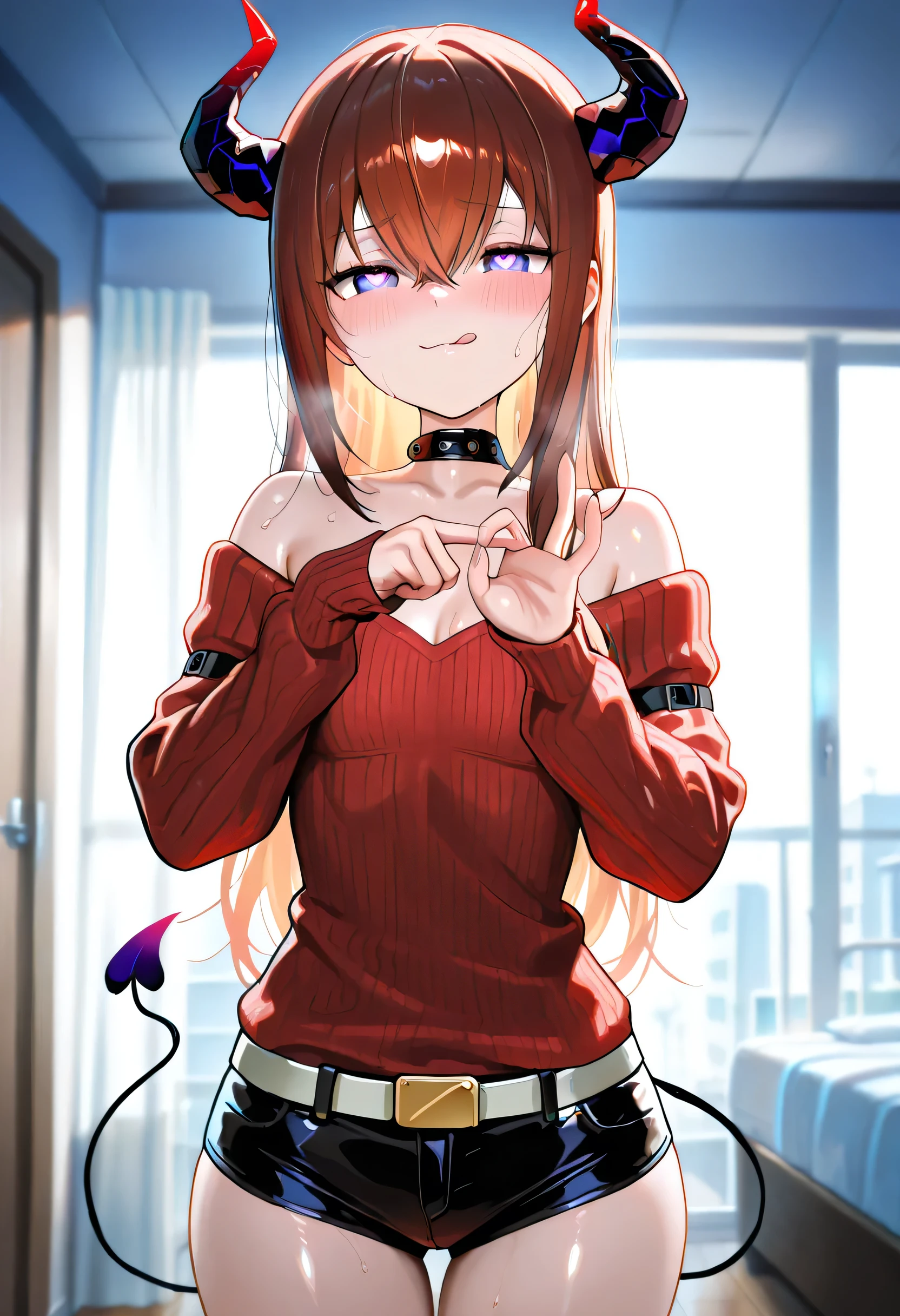 1girl, makise kurisu,
violet eyes, heart-shaped pupils, brown hair, long hair with hair between eyes,
demon horns, demon tail,
red sweater, cleavage, flat breasts, black microshorts, exposed,
naughty face, blush, seductive smile, come hither,
penetration gesture,
dynamic pose,
looking at viewer,
licking lips,
indoors, bedroom,
colorful, shiny skin,
masterpiece, best quality, amazing quality, very aesthetic, absurdres, newest, scenery, (volumetric lighting:1.1), depth of field