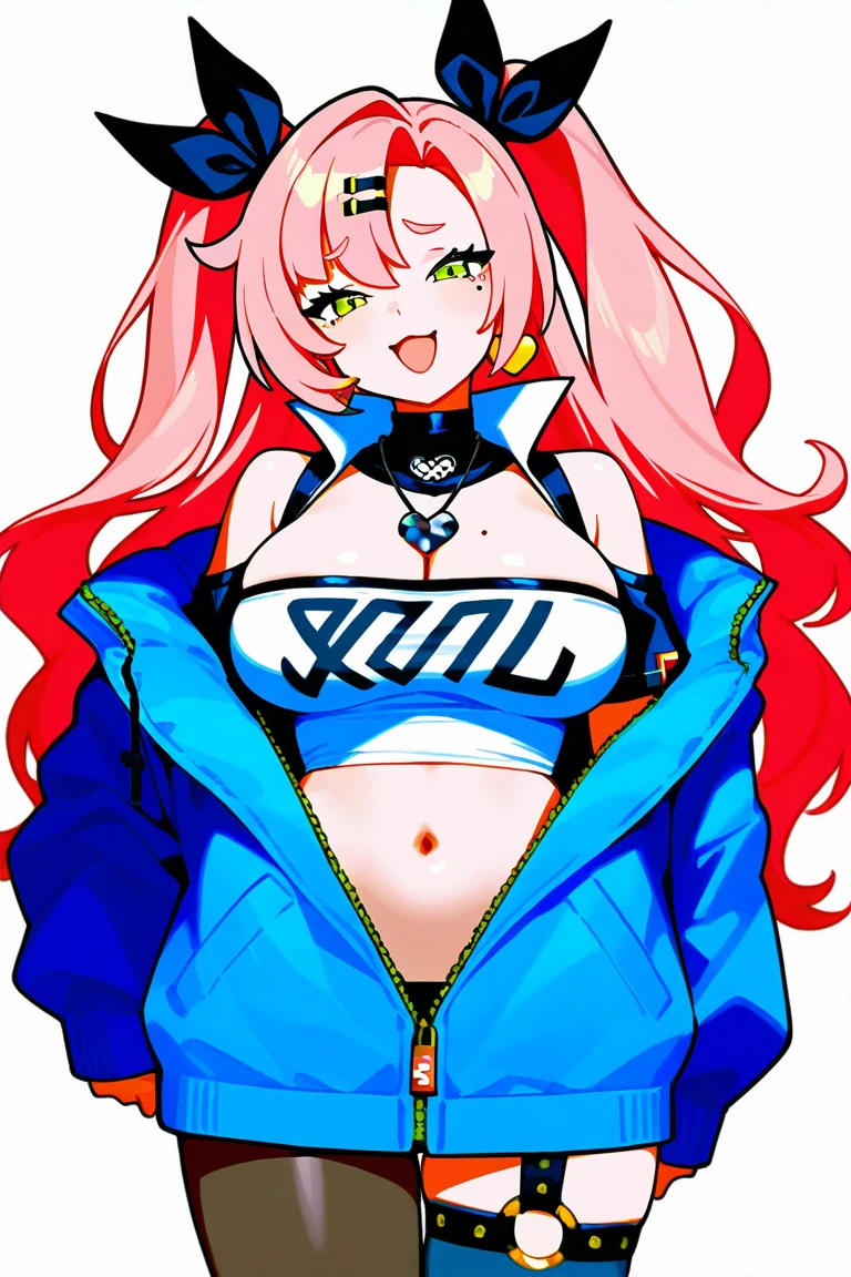 zero two \(darling on franxx\), darling on franxx, 1girl, smiling, from above, selfie, bangs, bite, shadow, green eyes, hair behind head, horns, long hair, big thighs, makeup, small breasts, pilot suit, red bodysuit, pink hair, red eyeshadow, science fiction, tight skin, solo