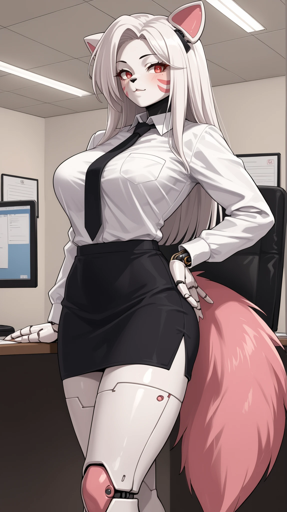 score_9,score_8_up, score_8, source_anime, source_anime, mangleFNIA,1girl,large breasts,solo,long hair,animal ears,tail,white hair,furry,furry female,big ass,robot girl,white fur,tail,robot joints,pink fur,black hair,office, white shirt, black ties, black skirt