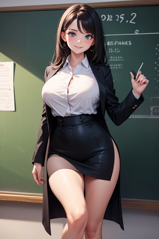 Beautiful woman, elegant woman, sexy woman, beautiful woman, short woman, black long curly hair, square face, square glasses, lots of freckles, cute smile, elegant dress, glow up, empty class room, making intense eye contact
