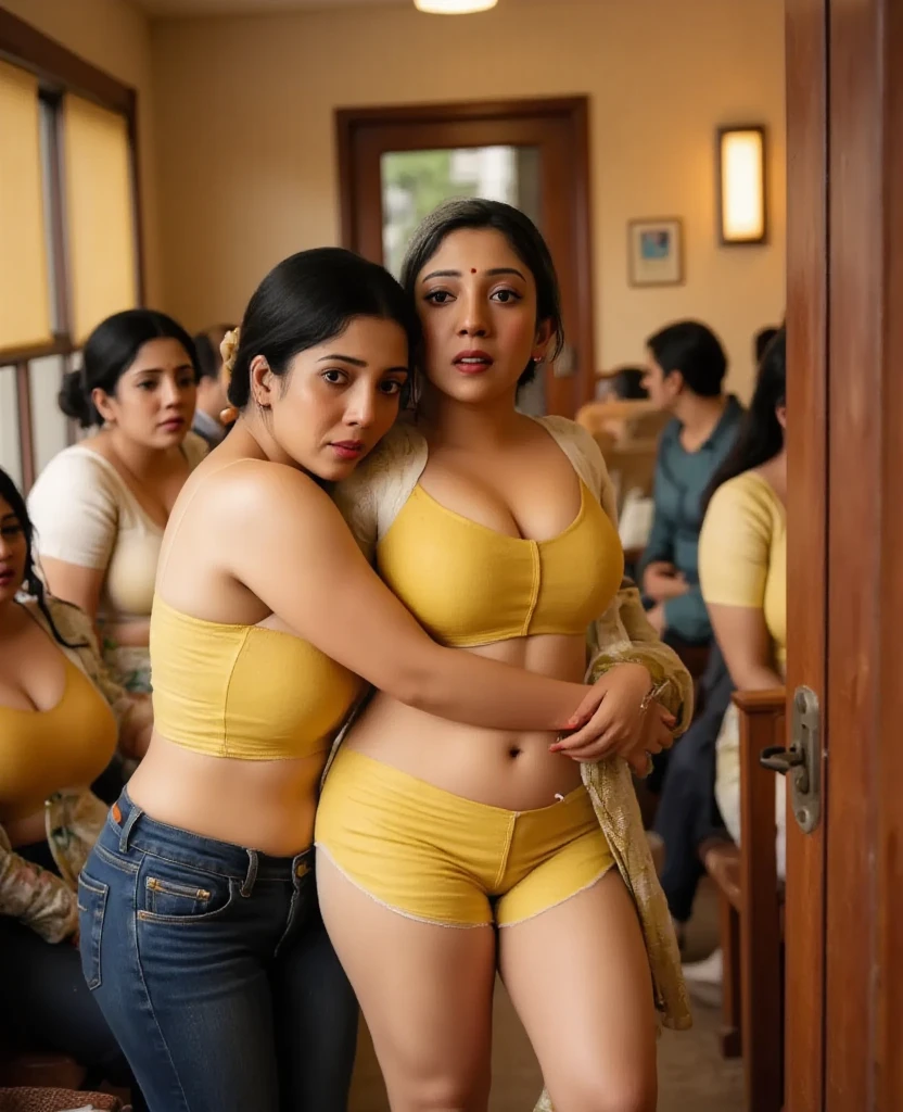 Two extremely beautiful Tamil married women, 35 year old, location:crowded local train, (((extremely hot French kissing poses))) for adults only magazine, (very very short hair military hair cut), expensive saree blouse long skirt, (((round deep navel, 36D))), HDR, hyper realistic, intricate detailing