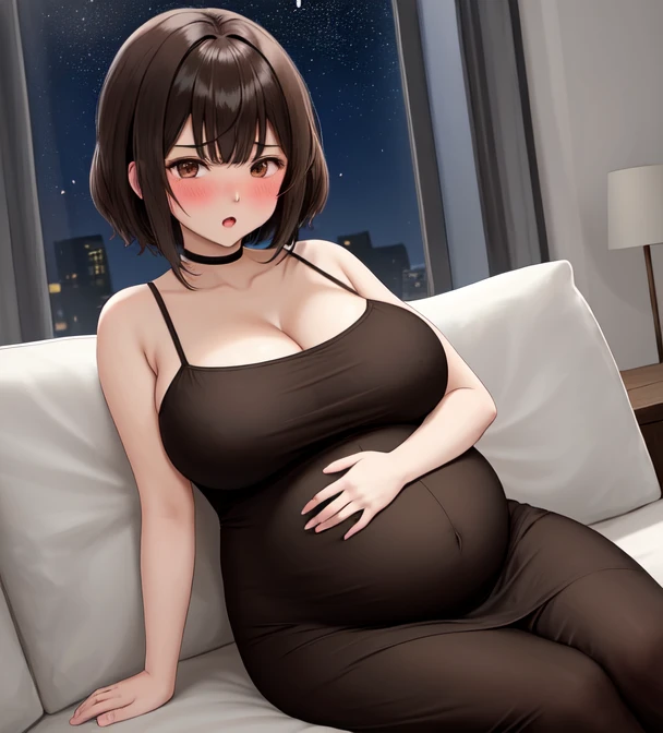 Masterpiece, Best Quality, highres, 1Girl, Solo, brown hair, short hair, black Eyes, Upper body only, fantasy bed background, Fantasy pajama Clothing, black clothes, lying on bed, large breast, pregnant, face blush