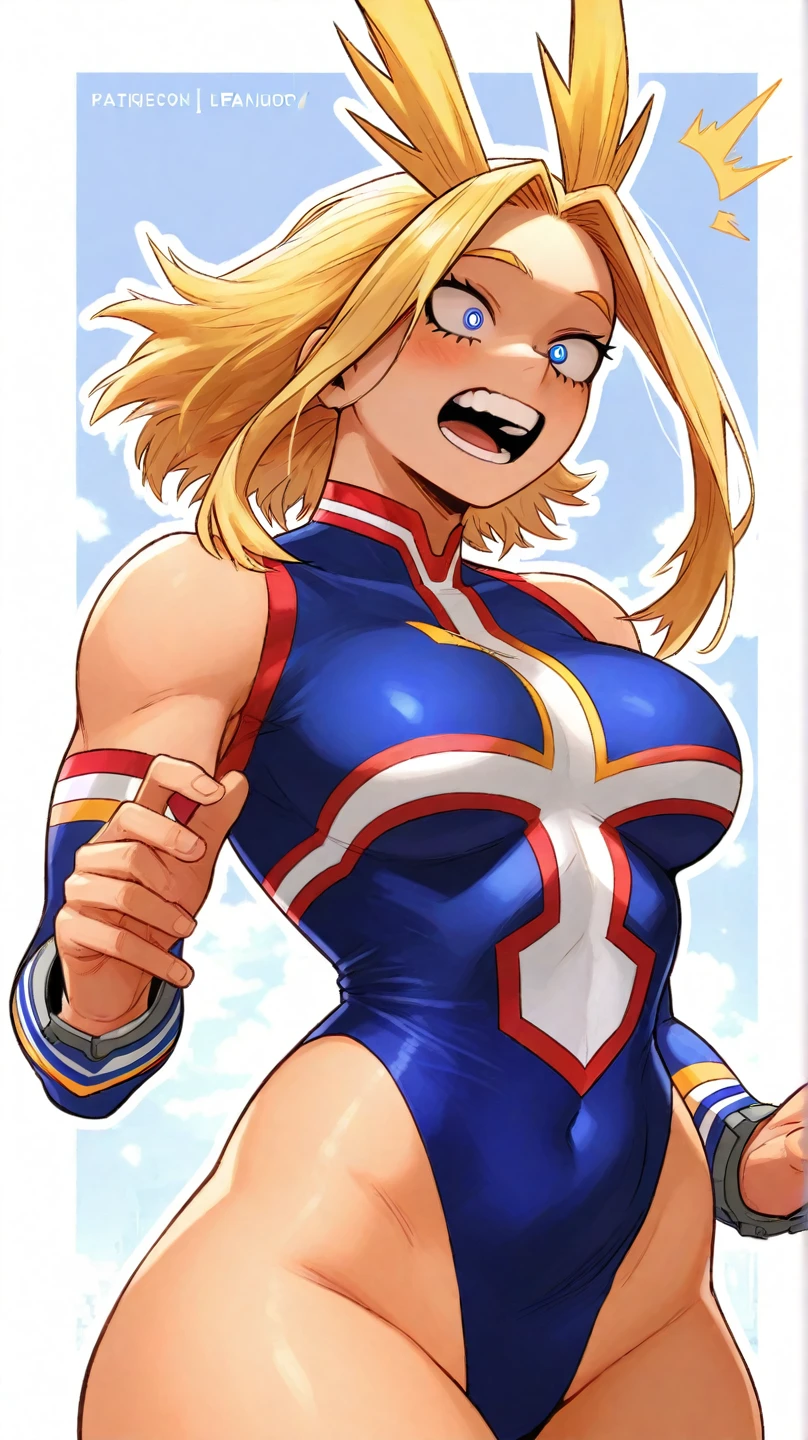 Hair:
Mika has long, blonde hair that she wears in two high ponytails, each secured with blue hair ties. Her ponytails are often depicted as voluminous and flowing.
Face and Eyes:
She has bright blue eyes and a cheerful, expressive face, often with a confident and enthusiastic smile.
Mika's overall facial features are soft, complementing her energetic personality.
Clothing:
Mika's wrestling outfit is a flashy and revealing leotard. The leotard is predominantly blue with white accents and a yellow star motif, reflecting her colorful and vibrant persona.
The leotard has a high-cut design, exposing her legs and emphasizing her athletic build.
She also wears matching blue and white arm guards and thigh-high boots, both of which have yellow star accents.
Accessories and Footwear:
Mika wears a blue mask with white accents around her eyes, which enhances her wrestling persona and adds to her theatrical appearance in the ring.
Her boots are sturdy and designed for wrestling, matching the color scheme of her outfit.
Body and Build:
Mika has a strong, athletic build, showcasing her prowess as a professional wrestler. Her physique is muscular yet feminine, highlighting her strength and agility.