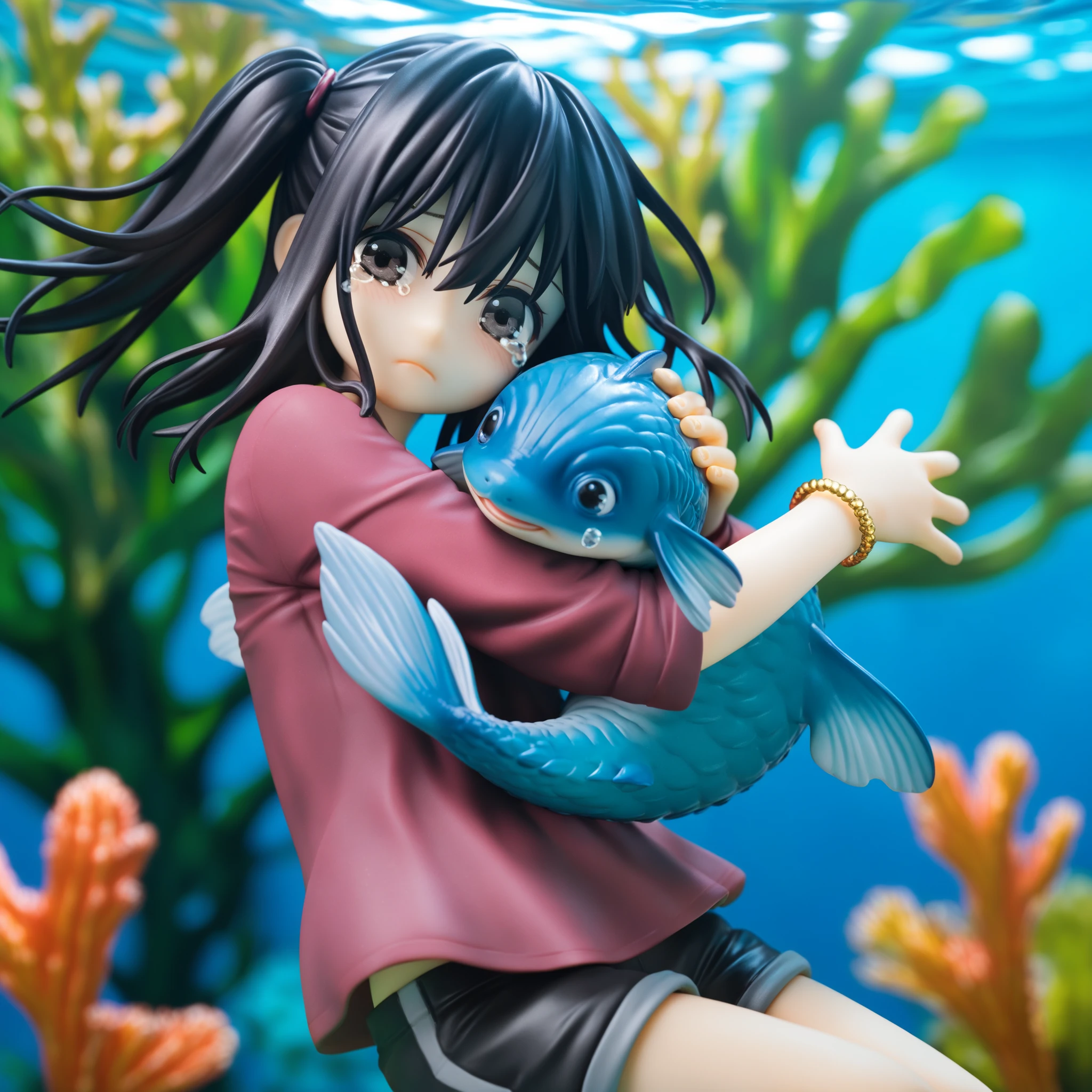 (High quality)1girl, black hair, side ponytail, hugging herself, medium hair, Underwater, deep sea, hair flowing underwater, coral, fishes, seaweed, tears, sad, hugging herself, flat chest, bangs between eyes, young, deep blue sea, wallpaper 4k, dark magenta shirt, sleeves, dark magenta short pant, Black eyes, right hand bangle, Fish tail, Golden Anklet, Realistic lighting, Aesthetic,(artist:oshioshio)(Artist:oshioshio)