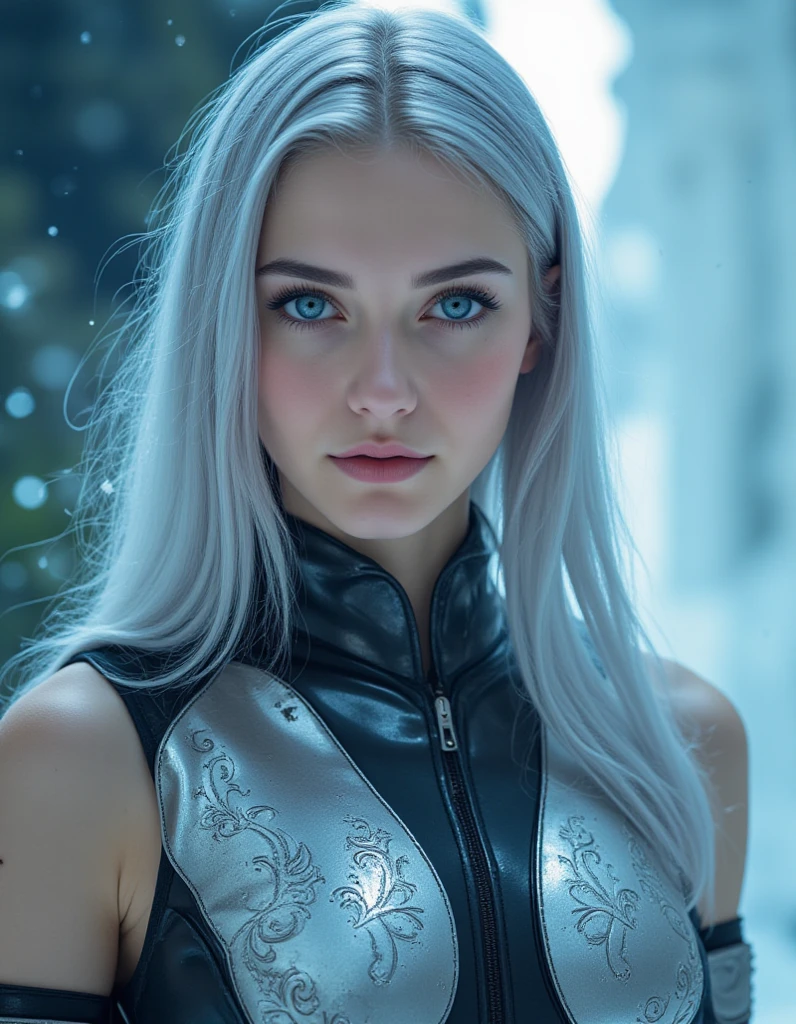 Beautiful girl with white skin, light gray hair, with bright shiny eyes, shiny skin, beautiful black manicure, beautiful nails, pearly skin, wearing black dress, Kras professional photo, 4K, high resolution, high detail, realistic, looking straight, holding a laptop, light gray hair, hair below shoulder length, blue shining eyes, Dreamy cyberpunk girl, standing up straight, black long sharp nails, looking straight into the camera, standing up straight, hyperrealism, realistic, hyperdetailed,