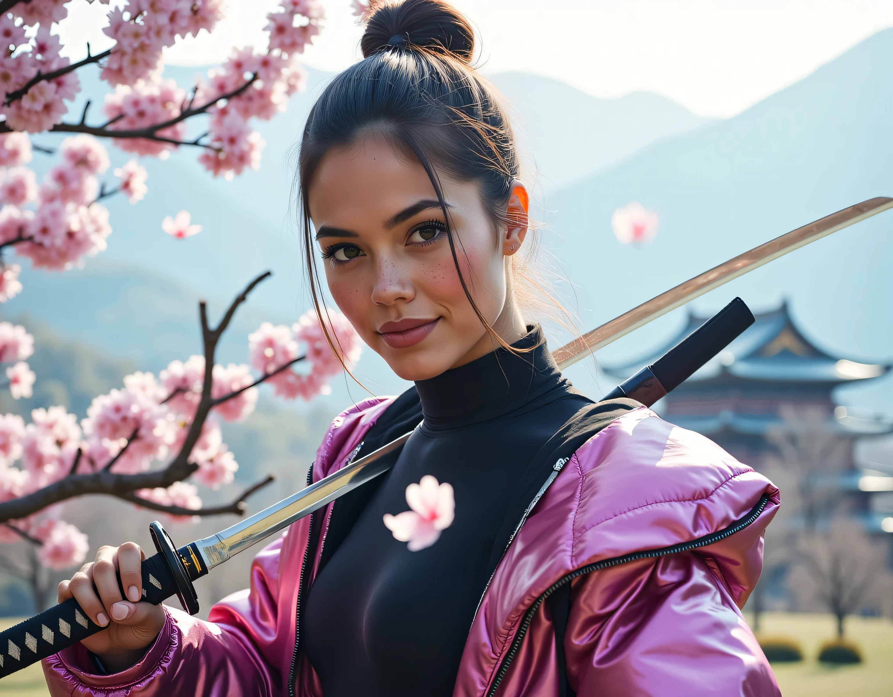 8k hyper-realistic full-body portrait, head-to-toe view: a slim female ninja, 'Freezing the Moment of Your Cherry Blossom Dream.' Full-bloom ((cherry blossoms cascade like snow)), stirred by a freshly cut branch at her feet. Sleek ponytail, soft ((freckles)), mesmerizing eyes, provocative smile to viewer. Combat-effective ninja attire & modern design: matte-black tactical bodysuit, subtle armor, metallic-pink puffer jacket (partially unzipped), sexy latex leggings, suggestive pose. ((Right hand grips visible katana)), readiness emphasized. ((Katana blade reflects light, sharp edge)). Left hand catches petal, dynamic contrast. Symmetry & balance, martial prowess. Cherry blossom tree arches overhead, depth. Photorealistic clarity: eyes, skin, clothing, katana details. Cinematic lighting, shadows & highlights, first rays of morning sun. Background view: blur of a Japanese Temple hooked on a foggy valley between mountains in spring morning light.
