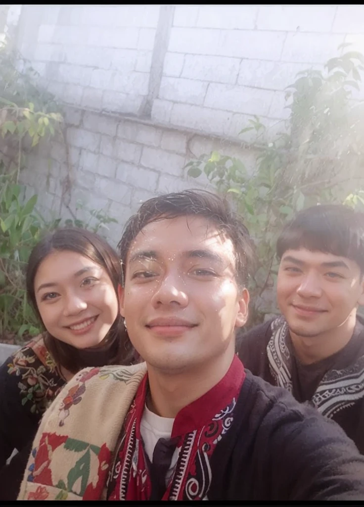 
realistic photo of 3 Indonesian women aged 38 years all wearing red hijabs, 2 Indonesian men aged 38 years, (all wearing yellow uniform t-shirts with the words "BESTFRIEND"), all wearing blue denim trousers, wearing sneakers, taking a selfie together. everyone smiled happily. mountain and flower garden background. Skin details, HD, 8K