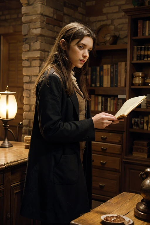 Create an image of Hermione Granger from the Harry Potter series.
Description:
A young girl with bushy brown hair.
Wearing a with a black robe.
Holding a book or a wand.
Background: A magical setting, such as a castle or library.