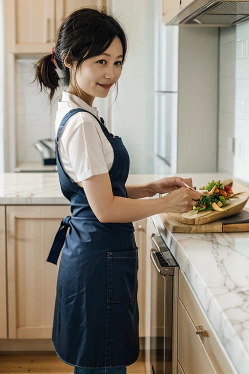 A young woman cooks using a thin apron with no interior in the backyard