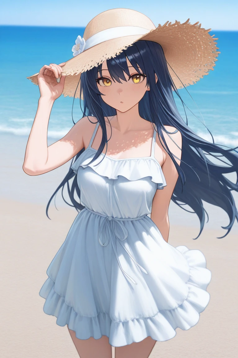 open chest, straw hat, yellow light summer short loose flowing dress, burn mark, hair over one eye, hanako ikezawa, burn scar the right side of the body, burn mark the right side of the body, flowing purple hair, big purple eyes, sunny windy day on the beach, mfbp1