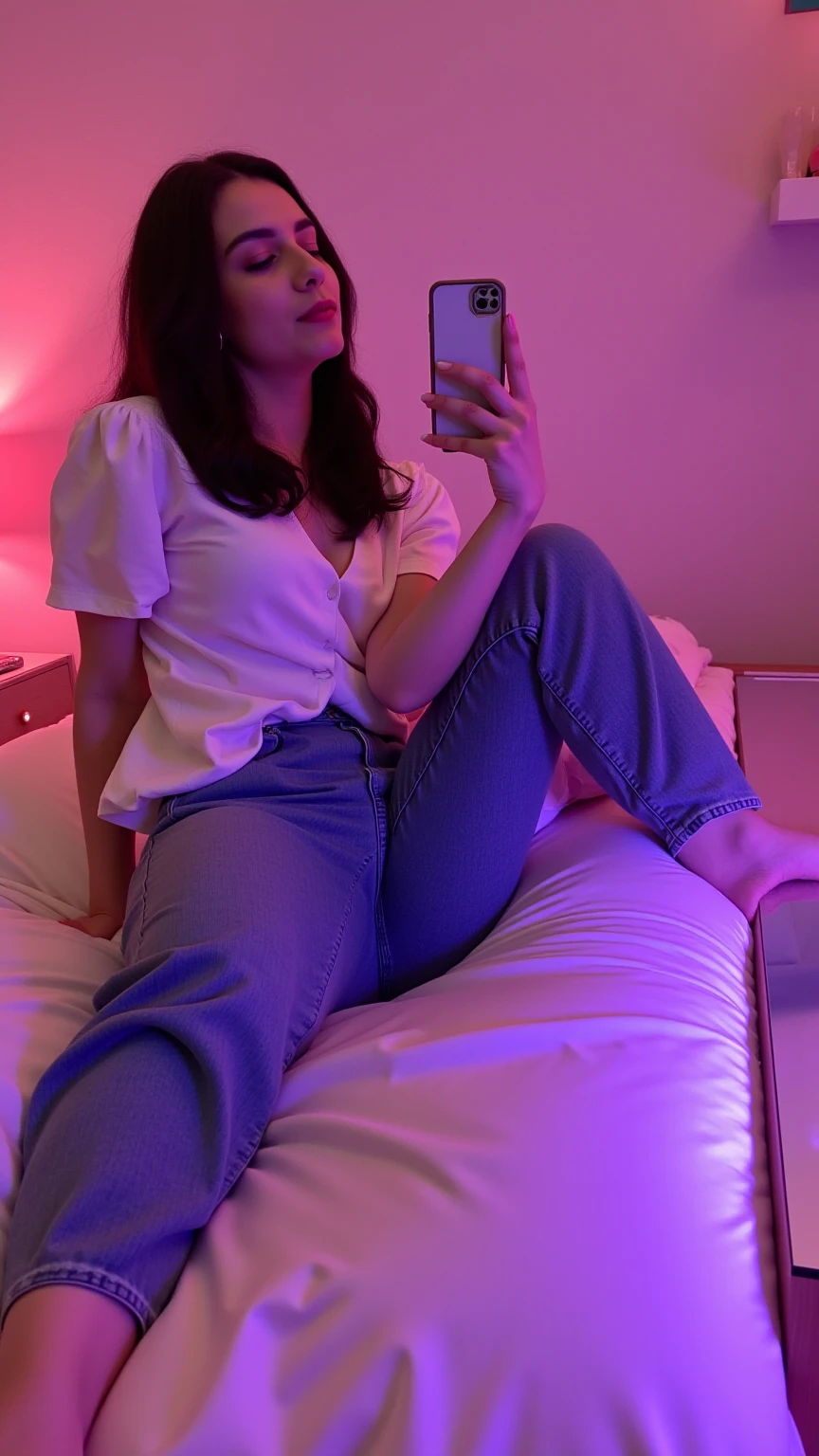 photo RAW, 8k, high resolution, woman sitting on a bed taking a selfie with her phone, sitting on the bed, posing on the bed, sitting on a bed, sexy pose, thighs exposed!!!, 18 years old, posing in a room, , she is 2 3, sexy look, angiewolf, hands on breasts,
