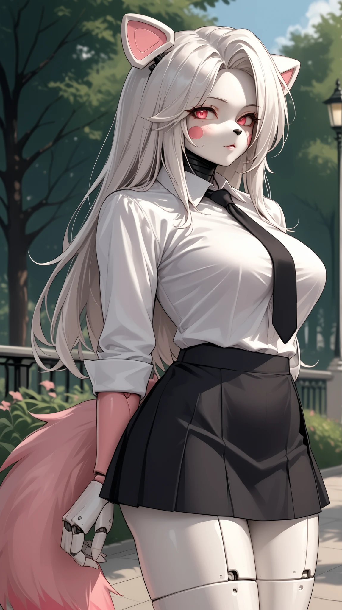 score_9,score_8_up, score_8, source_anime, source_anime, mangleFNIA,1girl,large breasts,solo,long hair,animal ears,tail,white hair,furry,furry female,big ass,robot girl,white fur,tail,robot joints,pink fur,black hair,park, white shirt, black ties, black skirt