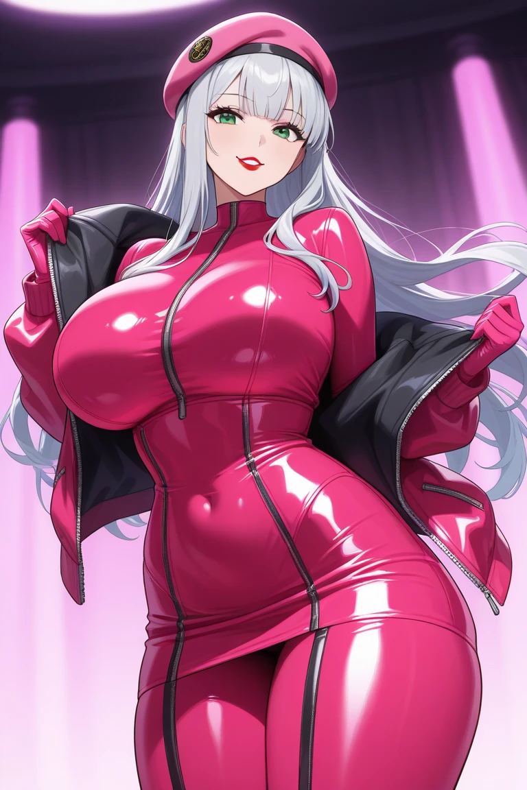 Top quality, 超高分辨率, (Photorealistic: 1.4), Jumpsuit, sci-fi spaceship interior background, airy sci-fi shining like fog, 8K, ...CGI, anime wife, Guviz, circuit plate mail, From below, Moles under the eyes, pink headphone, Big breasts, back arms, Realistic world, Outdoors, pink leather jacket, Closed mouth, Uneven twin tails, Gray hair, pink thigh, Naughty face,A look of disdain