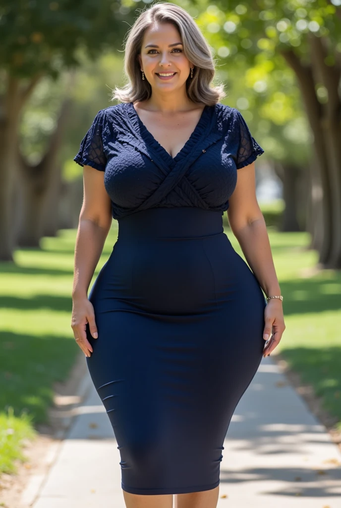 A beautiful and hot almost chubby mature woman.who wore a white party dress with a pattern of decorated blue figures. and standing in the office. A smiling face