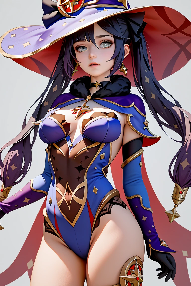 masterpiece, best quality,  <lora:mona:1>, 1girl, mona (genshin impact), twintails, long hair, witch hat, pantyhose,gloves, black hair, choker,  jewelry, cape, gold trim, blue leotard,earrings, detached sleeves, star (symbol), hat ornament, blue eyes, fur collar, parkle print,grey background, kbxll