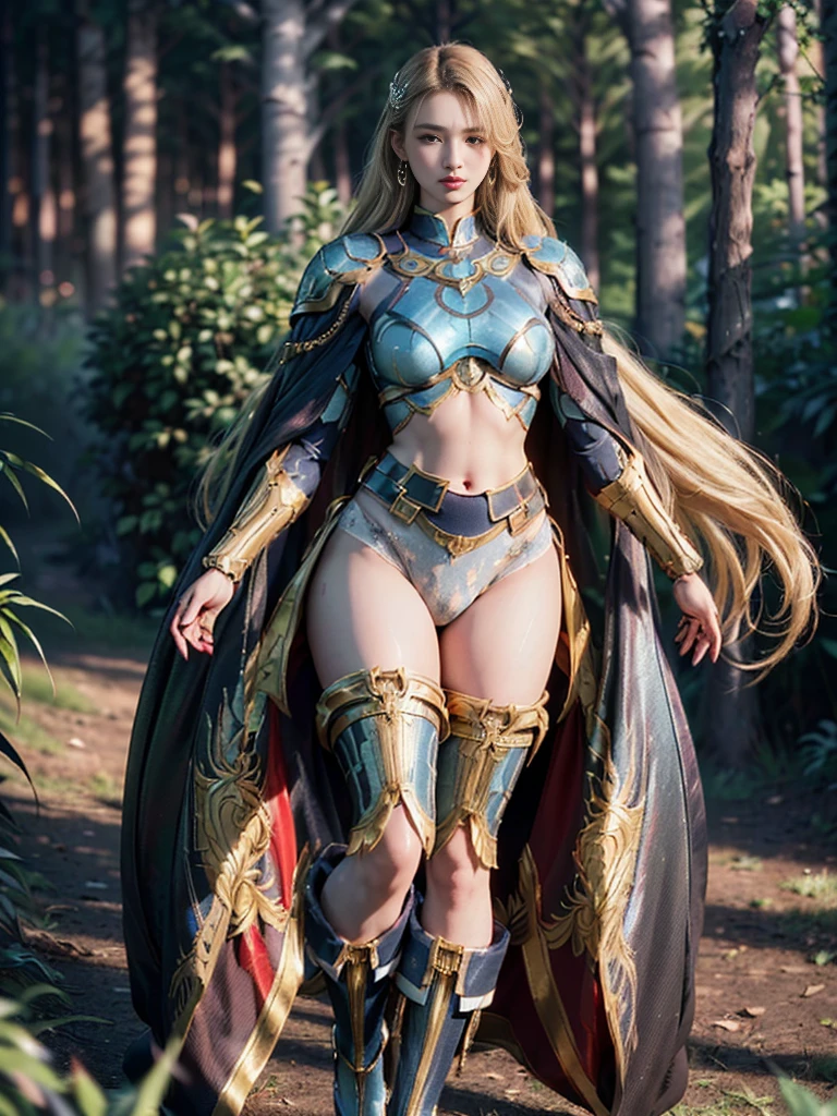 Forest there is a beautiful goddess with long white hair, lying on the grass she wears express medieval armor covering her entire body with silver armor with gold details with blue Templar plastic with medium and perfect breasts, on her legs boots