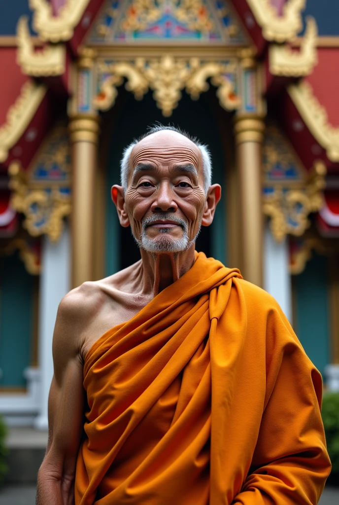 Picture of an old monk with no hair, no mustache, no beard, no eyebrows, smiling slyly, standing in front of a Thai temple called Wat Itampayata.