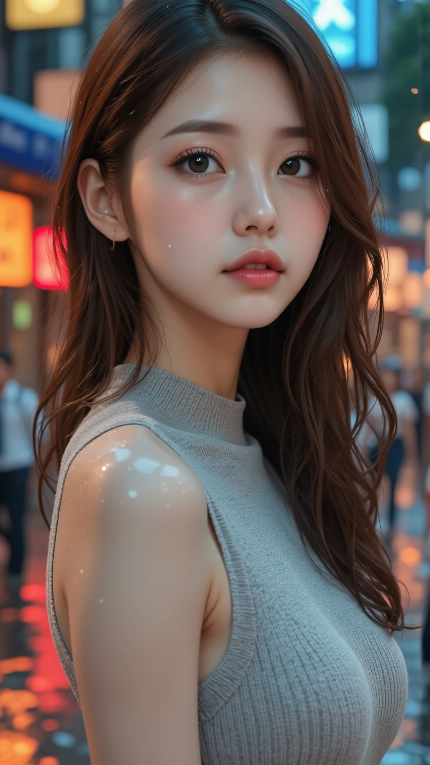 Urban beautiful girl college student, masterpiece, light makeup, red lips, silver hair, messy long hair, street background, beautiful, elegant. super fine details, master works, authentic texture, cinematic lighting realism, perfect job, 16K, hd, exquisite features,blue eyes、japanese idol、Beautiful Face、cute smile、brown hair、beautiful hair、ponytail、glamorous、perfect breasts、erect nipples、Oily muscle、shiny skin、white skin, glowing skin, bright big eyes, smooth skin, super sexy  tank top, thin tank top 